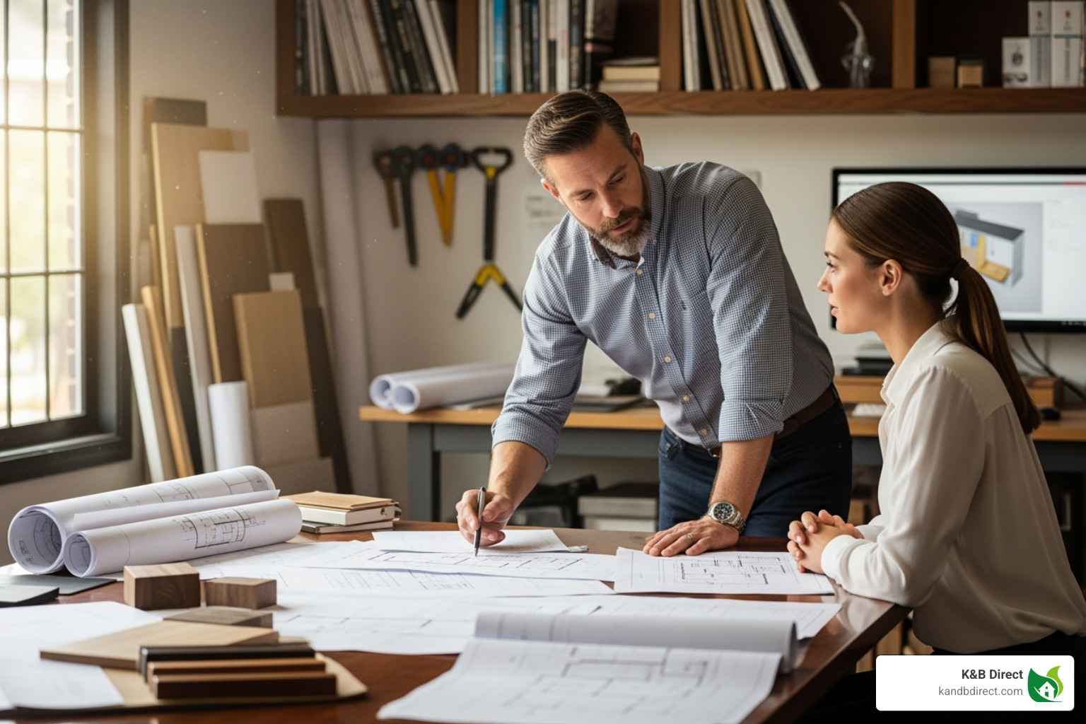 customer consulting with a millwork professional over blueprints - millwork shops