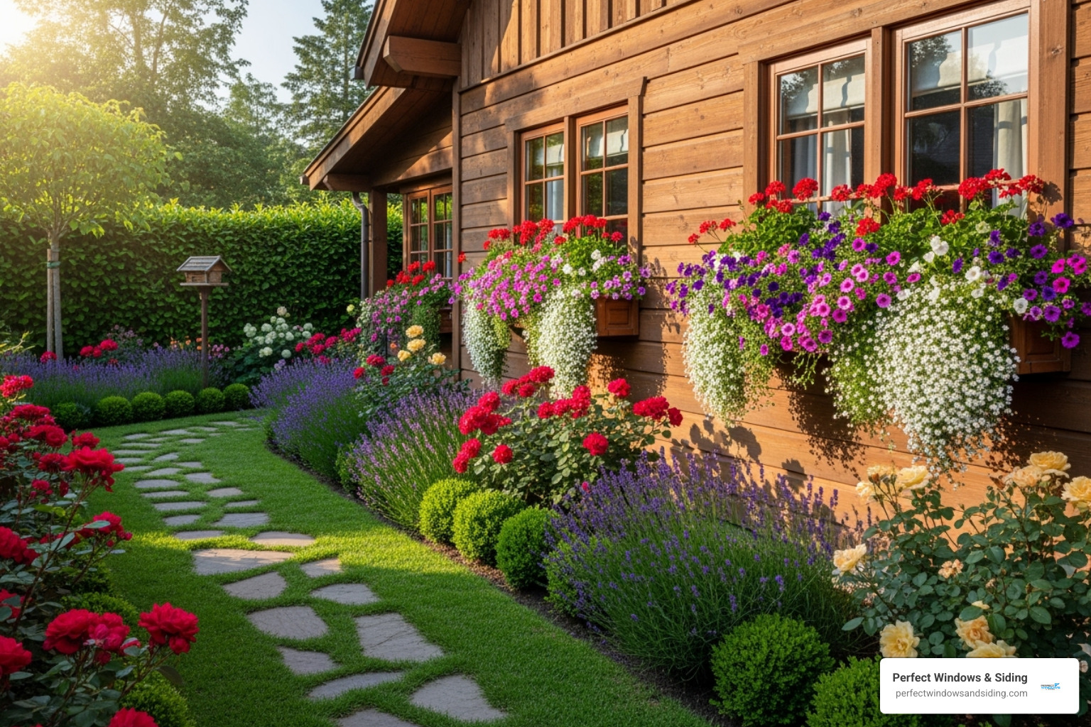 A home with vibrant window boxes and a neat garden path - home exterior upgrade
