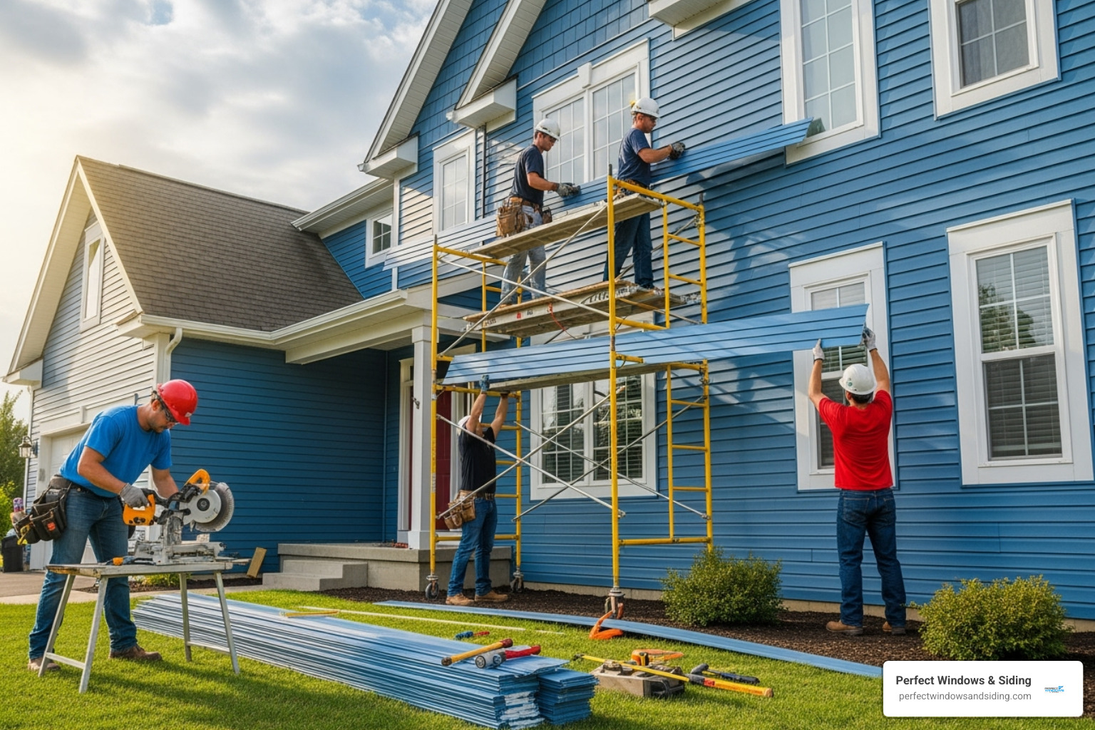 Perfect Windows & Siding team installing siding on a local home - lp siding installation cost