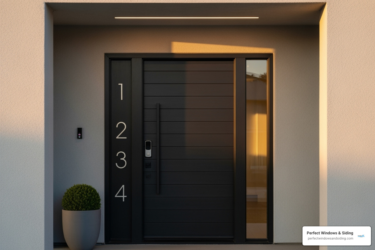 A stylish front door with new hardware and modern house numbers - home exterior upgrade