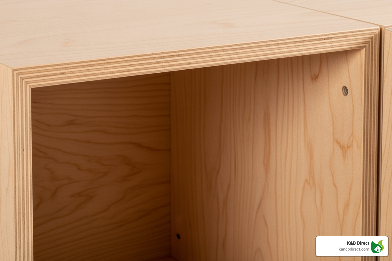A close-up image of a high-quality plywood cabinet box interior with a gleaming UV-coated maple finish, showcasing the smooth surface and sturdy construction. - cabinet boxes