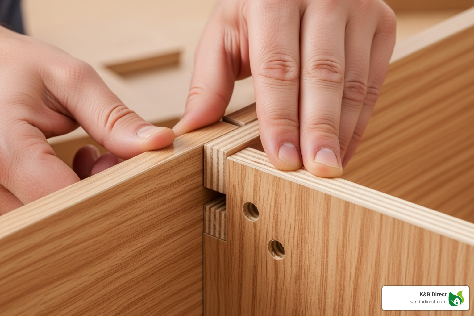 A clear, step-by-step graphic illustrating the simple assembly process for an RTA cabinet box, showing panels sliding into grooved slots and being secured. - cabinet boxes