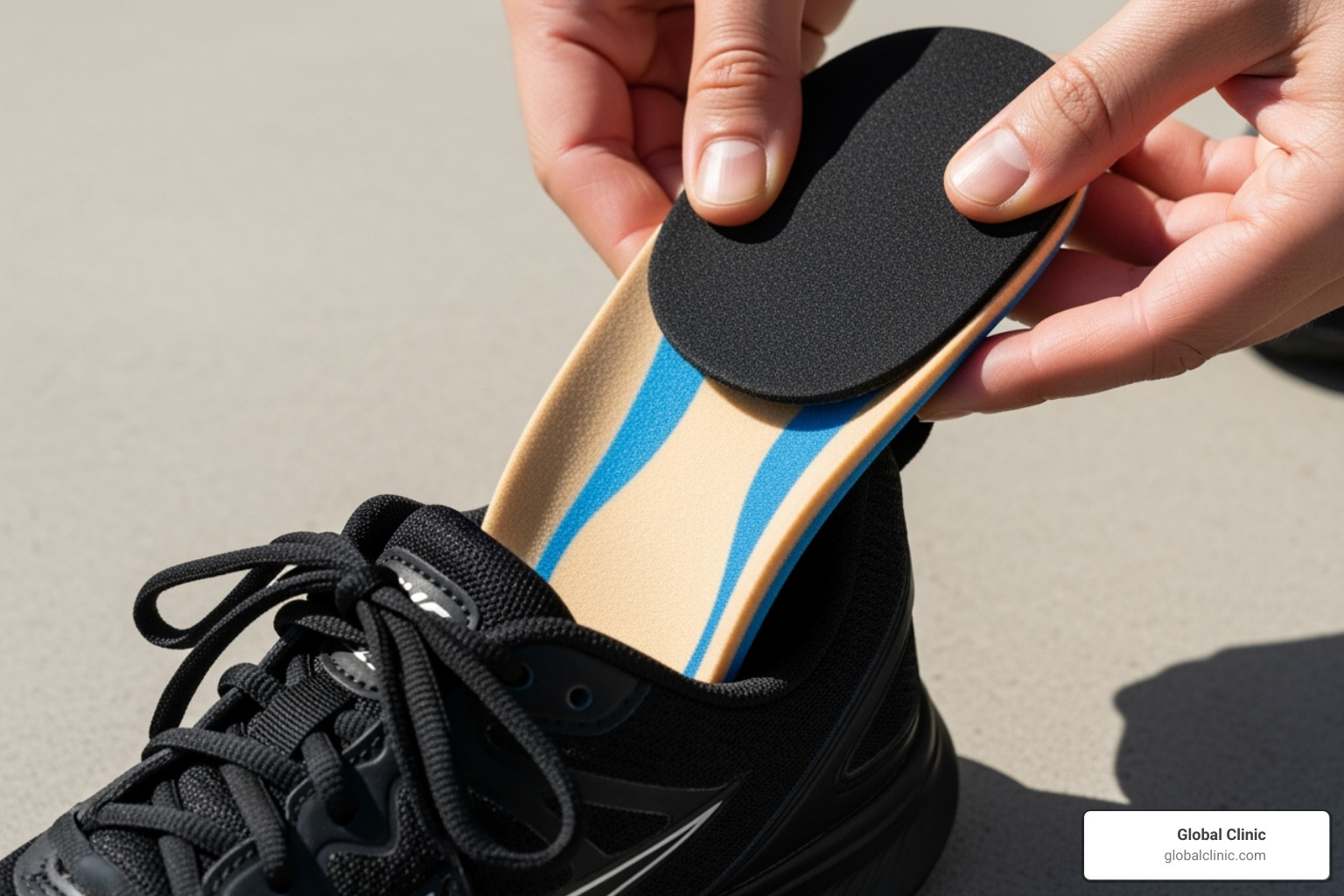 image of custom orthotics being fitted into a shoe - foot pain podiatry