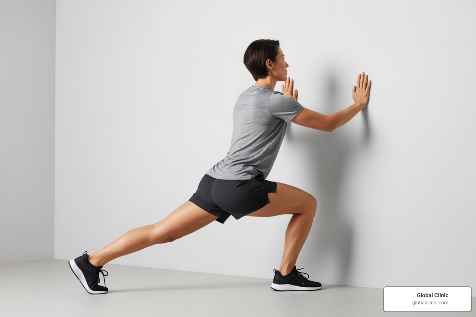 image of someone performing a calf stretch against a wall - foot pain podiatry
