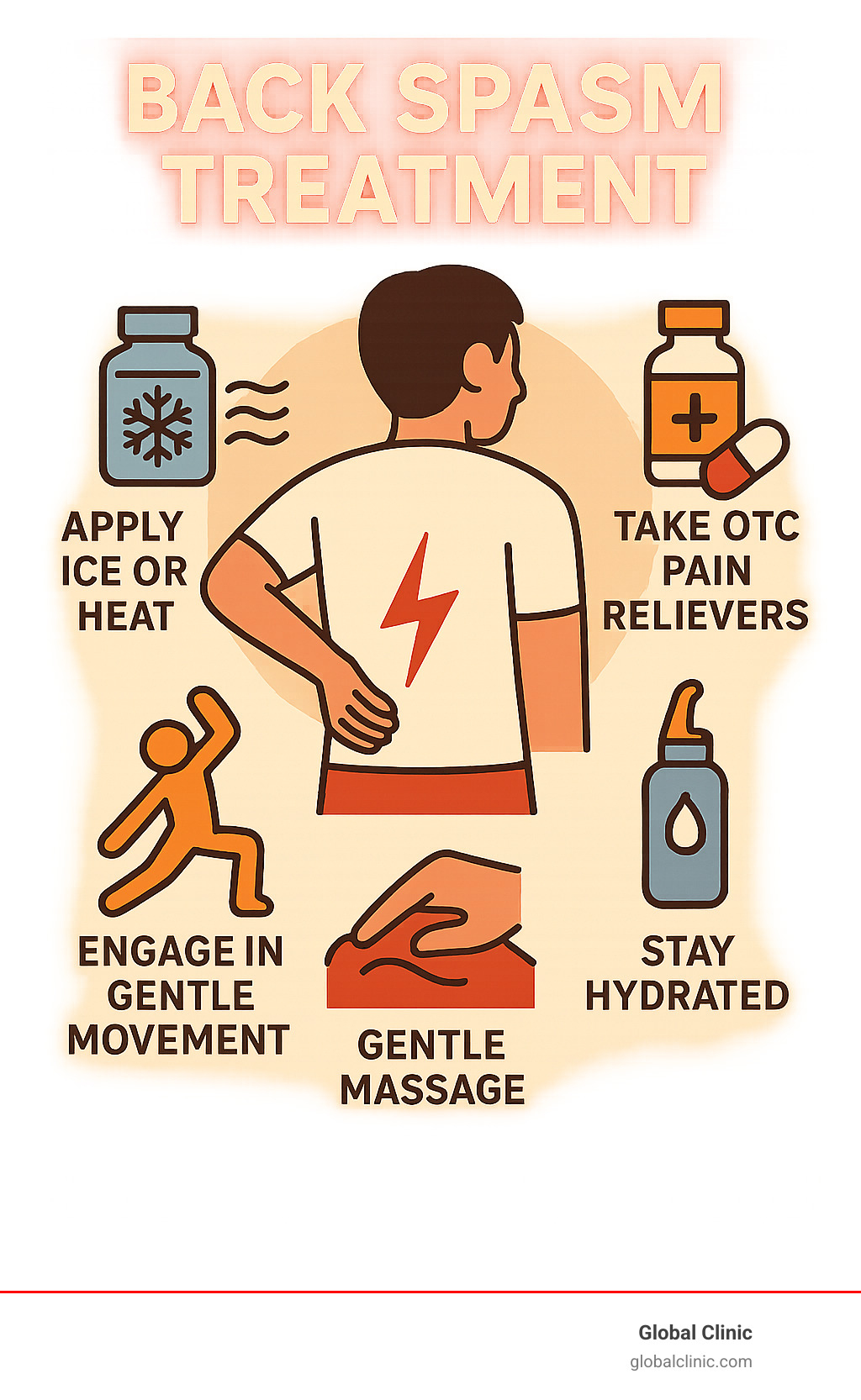 Infographic outlining key immediate back spasm treatments: apply ice/heat, take OTC pain relievers, engage in gentle movement and stretching, stay hydrated, and consider gentle massage. - back spasm treatment infographic 