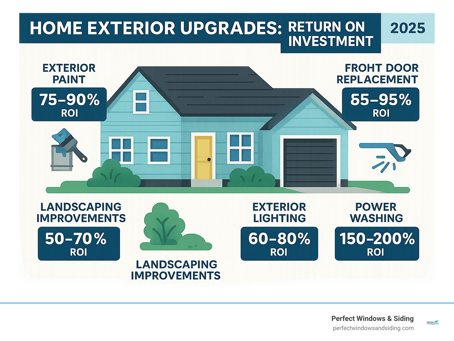 Detailed infographic showing return on investment percentages for popular home exterior upgrades including exterior paint (75-90% ROI), front door replacement (65-75% ROI), garage door replacement (85-95% ROI), landscaping improvements (50-70% ROI), exterior lighting (60-80% ROI), and power washing services (150-200% ROI based on cost vs impact) - home exterior upgrade infographic 