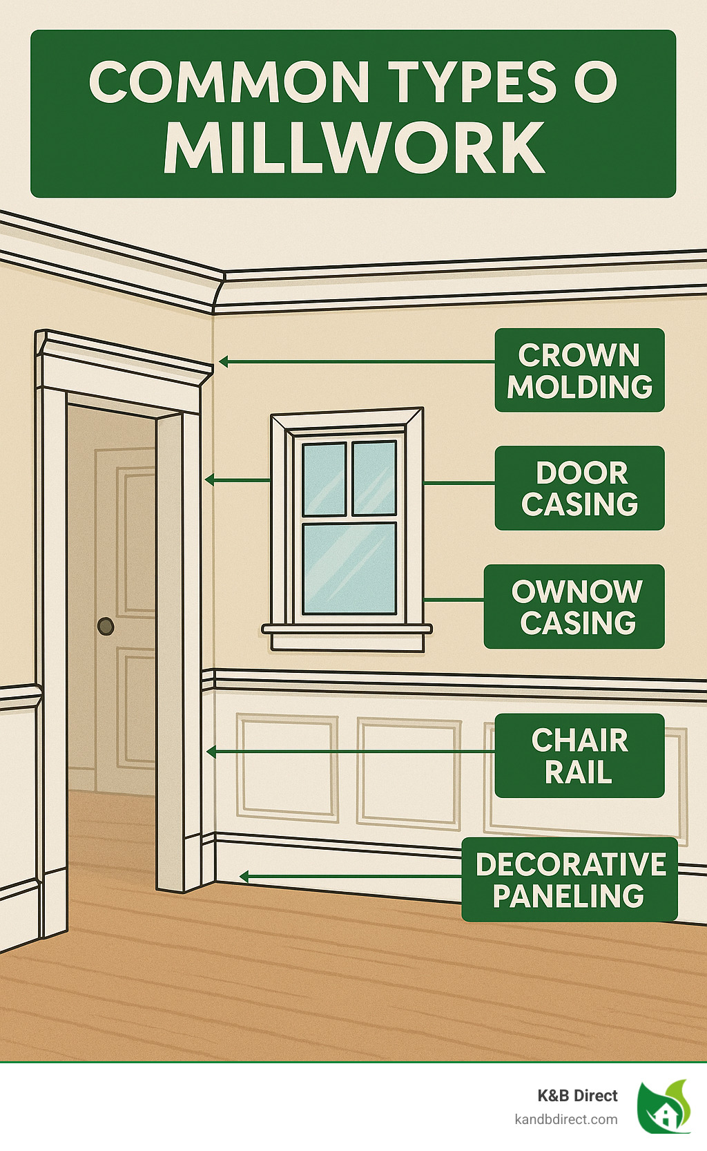 Infographic showing common types of millwork products including crown molding at ceiling joints, door and window casings around openings, baseboards along floor edges, chair rails on walls, and decorative paneling elements - millwork shops infographic 