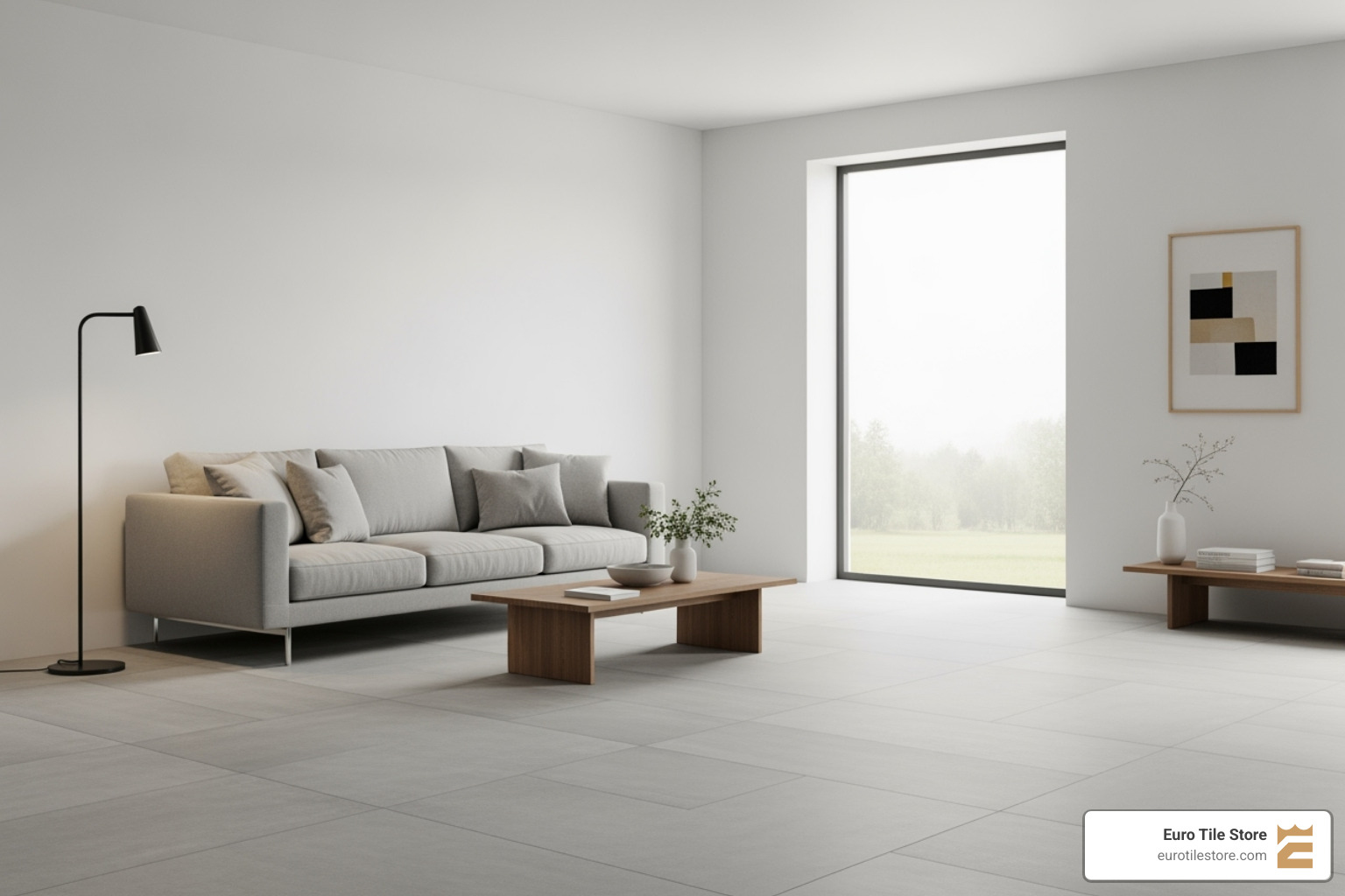minimalist living room with large-format concrete-look tiles - European tile design
