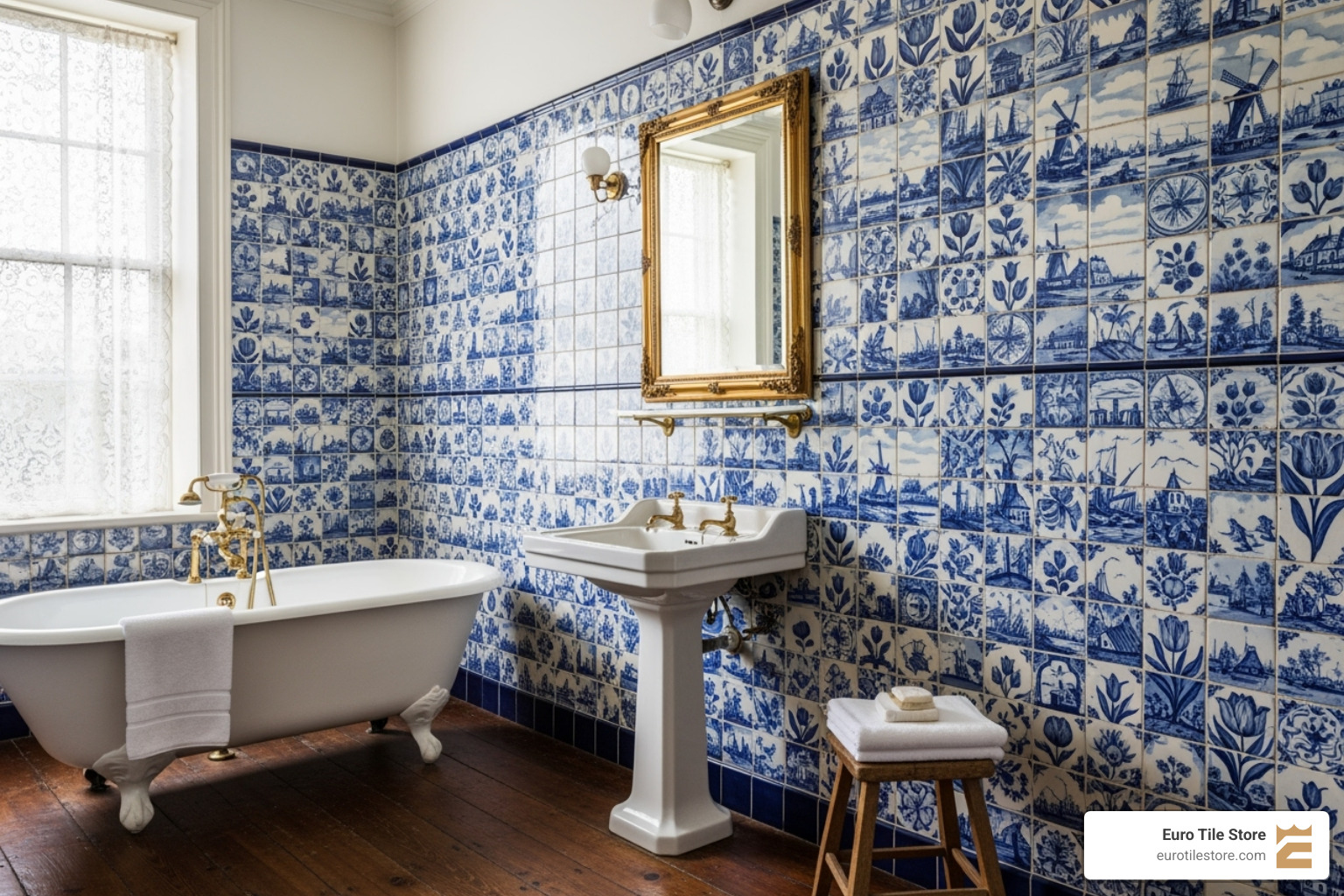 historic Delft tiles in a bathroom at Packwood House - European tile design