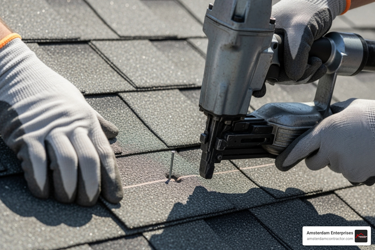 A professional roofer carefully nailing a shingle in the reinforced nailing zone - best shingles for wind and hail