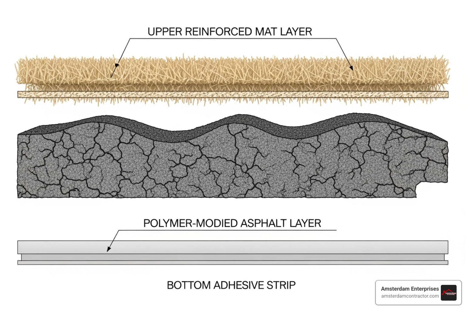 A cross-section of an impact-resistant shingle, labeling the reinforced mat, polymer-modified asphalt, and adhesive strip - best shingles for wind and hail