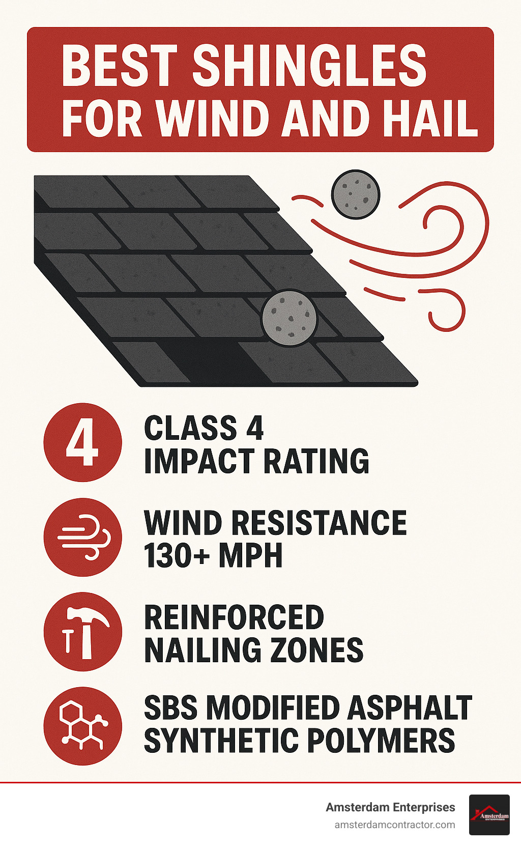 Infographic summarizing key features of best shingles for wind and hail: Class 4 Impact Rating, Wind Resistance 130+ mph, Reinforced Nailing Zones, SBS Modified Asphalt/Synthetic Polymers. - best shingles for wind and hail infographic 