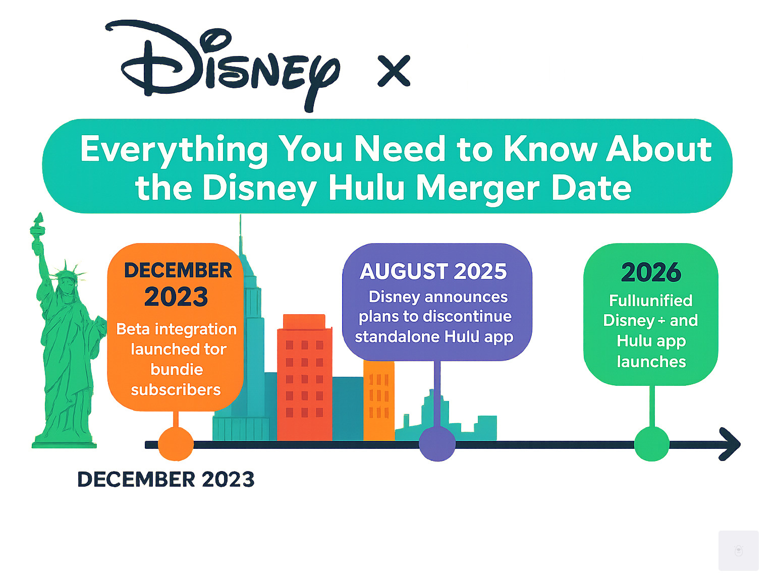 Infographic showing Disney Hulu merger timeline from December 2023 beta launch through 2026 unified app release, including key dates for New York City viewers and the local media industry - disney hulu merger date infographic 