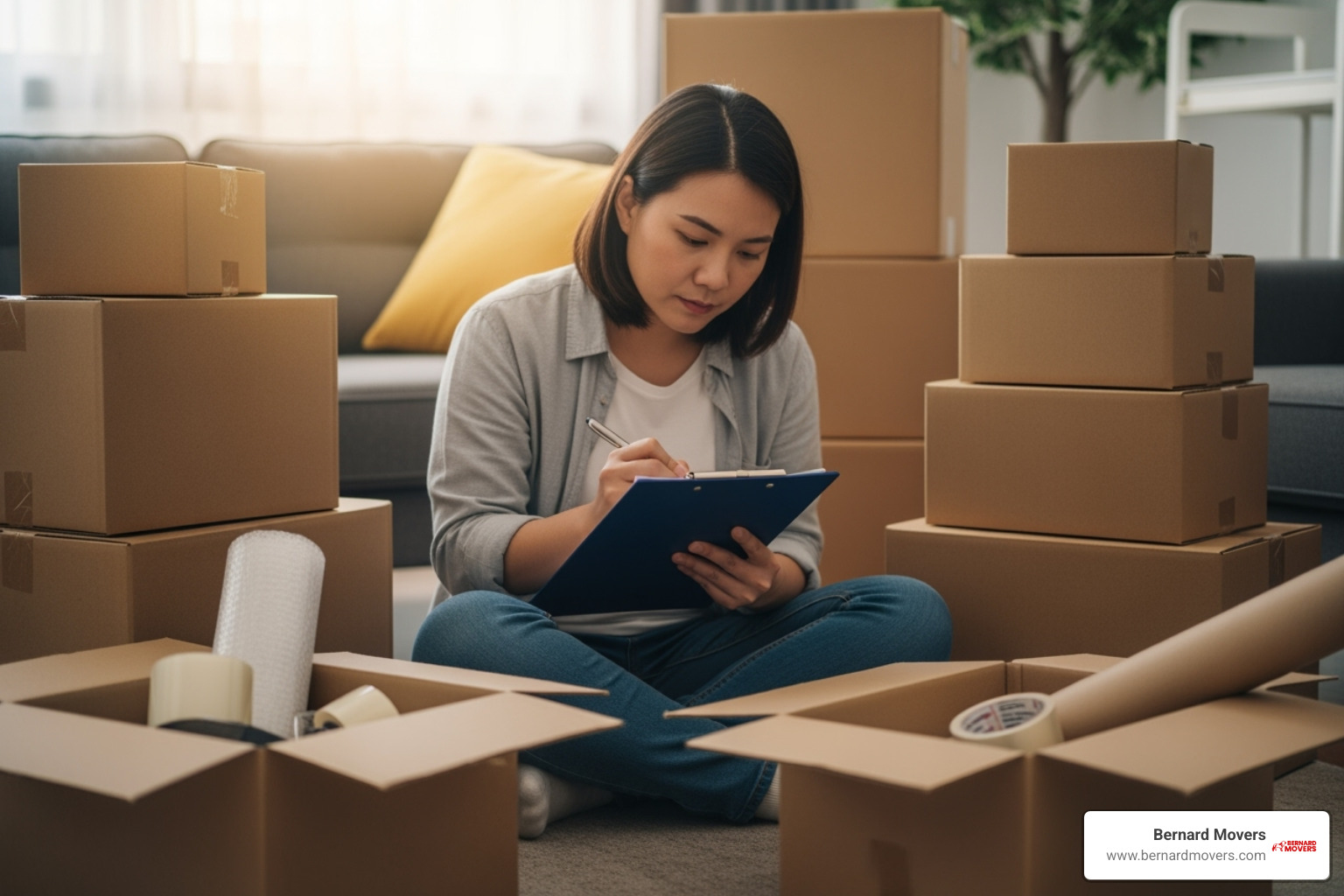 A person carefully creating a detailed inventory list on a clipboard, surrounded by neatly stacked moving boxes, signifying careful planning for an out-of-state move. - small load movers out of state