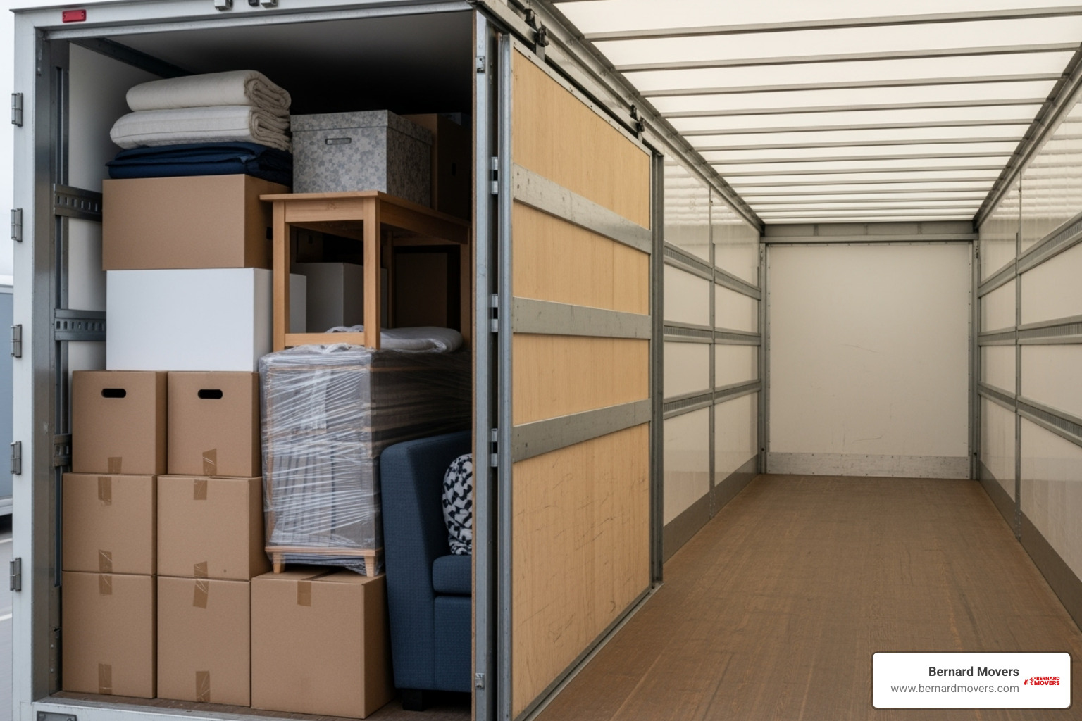 A moving truck interior clearly partitioned, showing a small load of furniture and boxes secured in one section, while the rest of the truck is empty or reserved for other consolidated shipments. - small load movers out of state