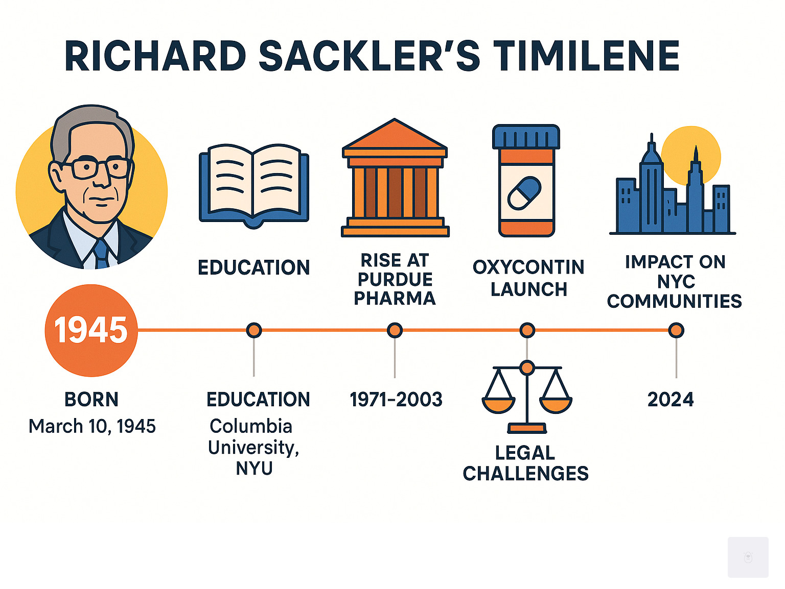 Infographic showing Richard Sackler's timeline from 1945 birth through 2024 legal settlements, including his education at Columbia and NYU in New York, rise through Purdue Pharma leadership, OxyContin launch in 1996, legal challenges beginning in 2007, and ongoing impact on New York City communities affected by the opioid crisis - richard sackler infographic 