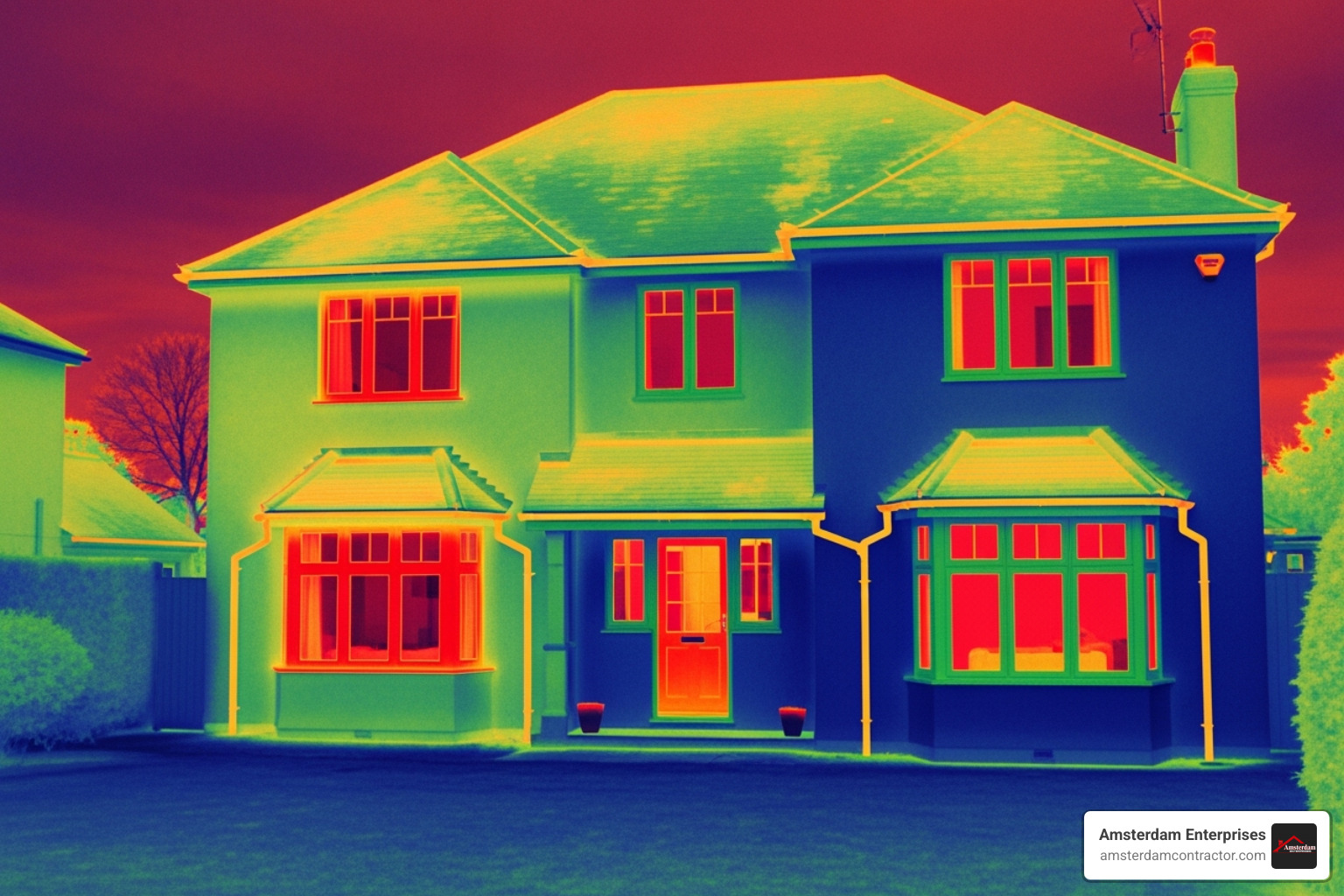 Thermal image of a house showing heat loss from old windows and excellent heat retention from newly installed energy-efficient windows - residential window services