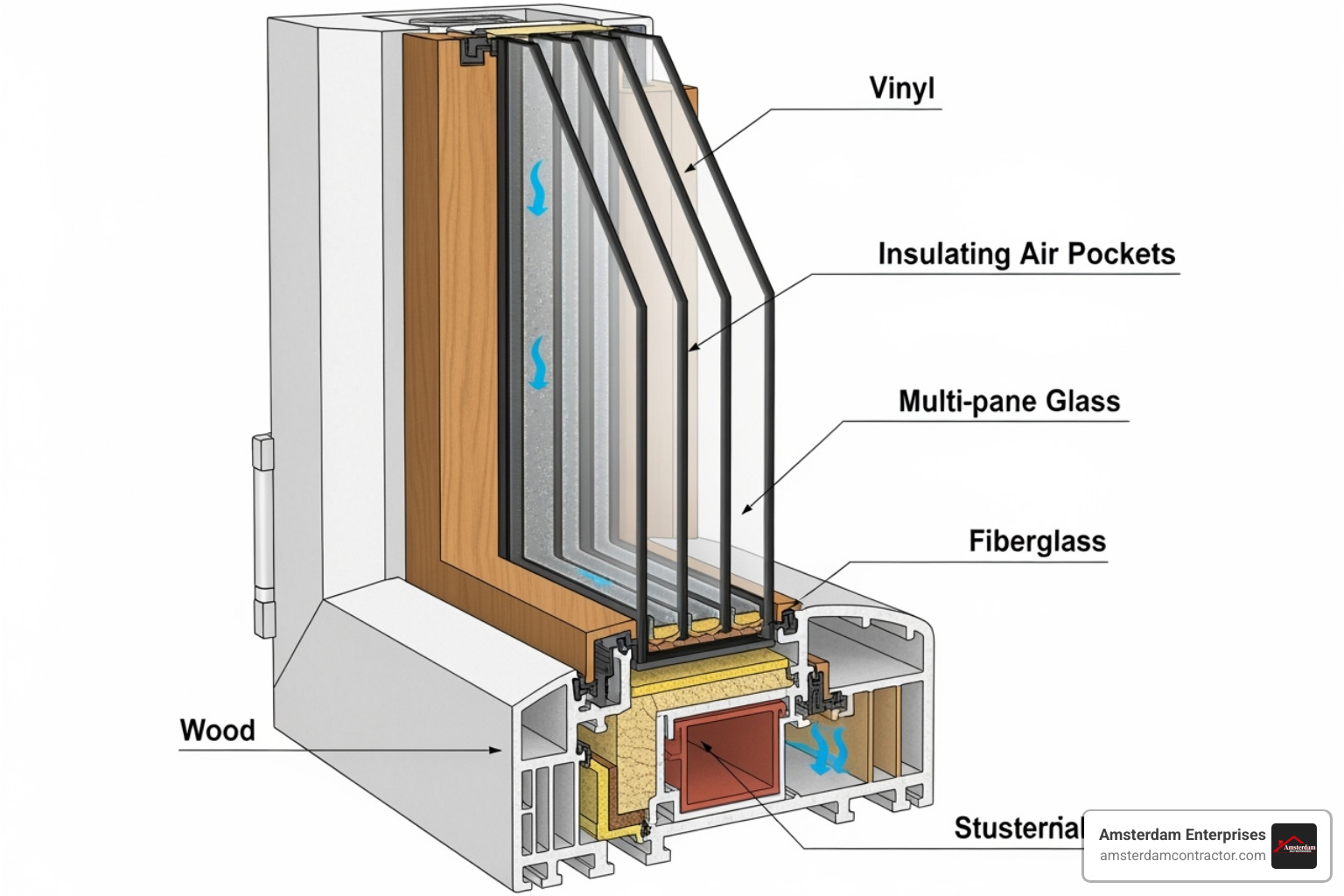 A detailed cross-section diagram of a window frame, illustrating the various layers and materials such as vinyl, wood, and fiberglass, and highlighting the insulating air pockets and glass technology. - home exterior windows