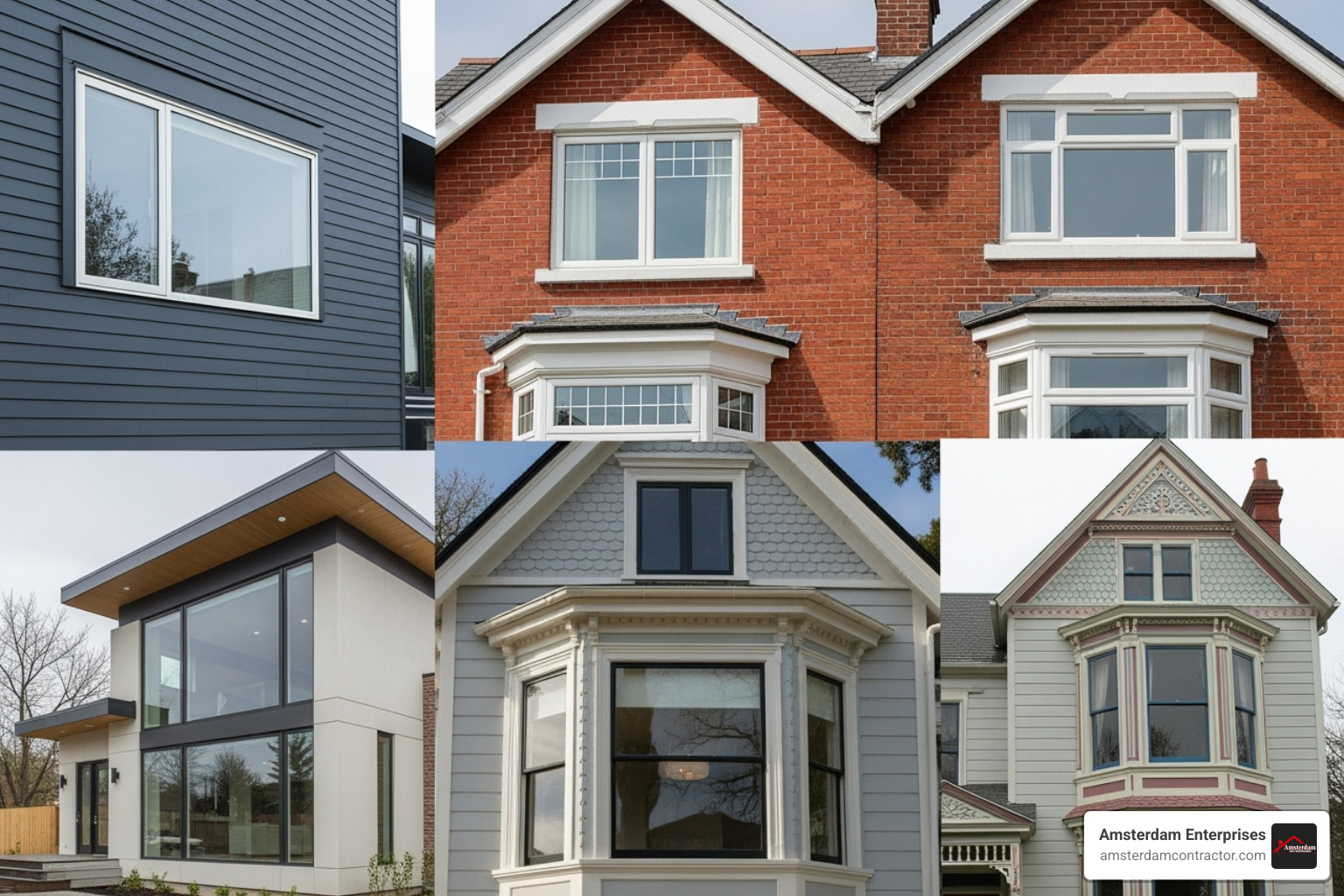 A collage of different window styles including casement, double-hung, picture, and bay windows, showcasing their unique designs and how they contribute to a home's exterior aesthetic. - home exterior windows