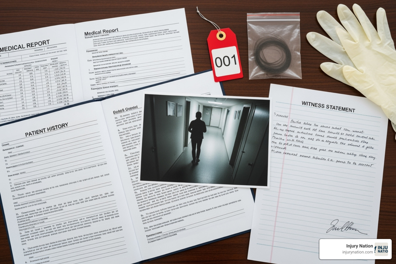 Image of evidence like a security camera photo, a doctor's report, and a witness statement - premises liablity attorney Image of evidence like a security camera photo, a doctor's report, and a witness statement - premises liablity attorney