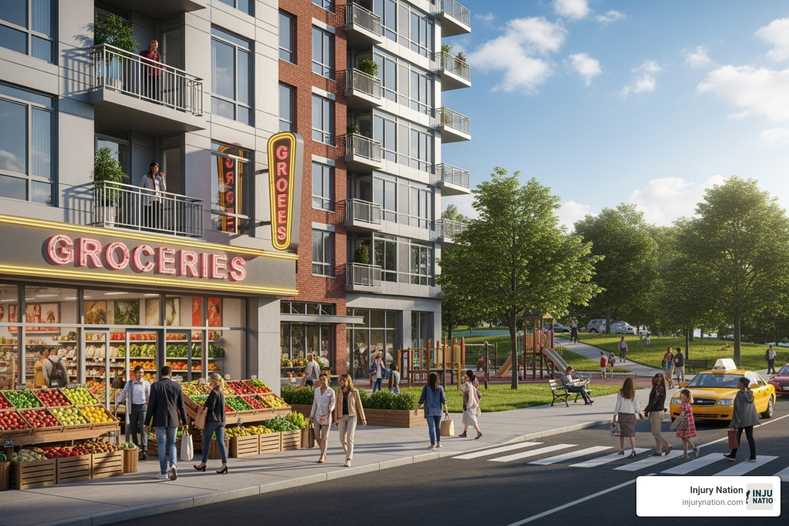 Image of different property types like a grocery store, apartment complex, and public park - premises liablity attorney Image of different property types like a grocery store, apartment complex, and public park - premises liablity attorney