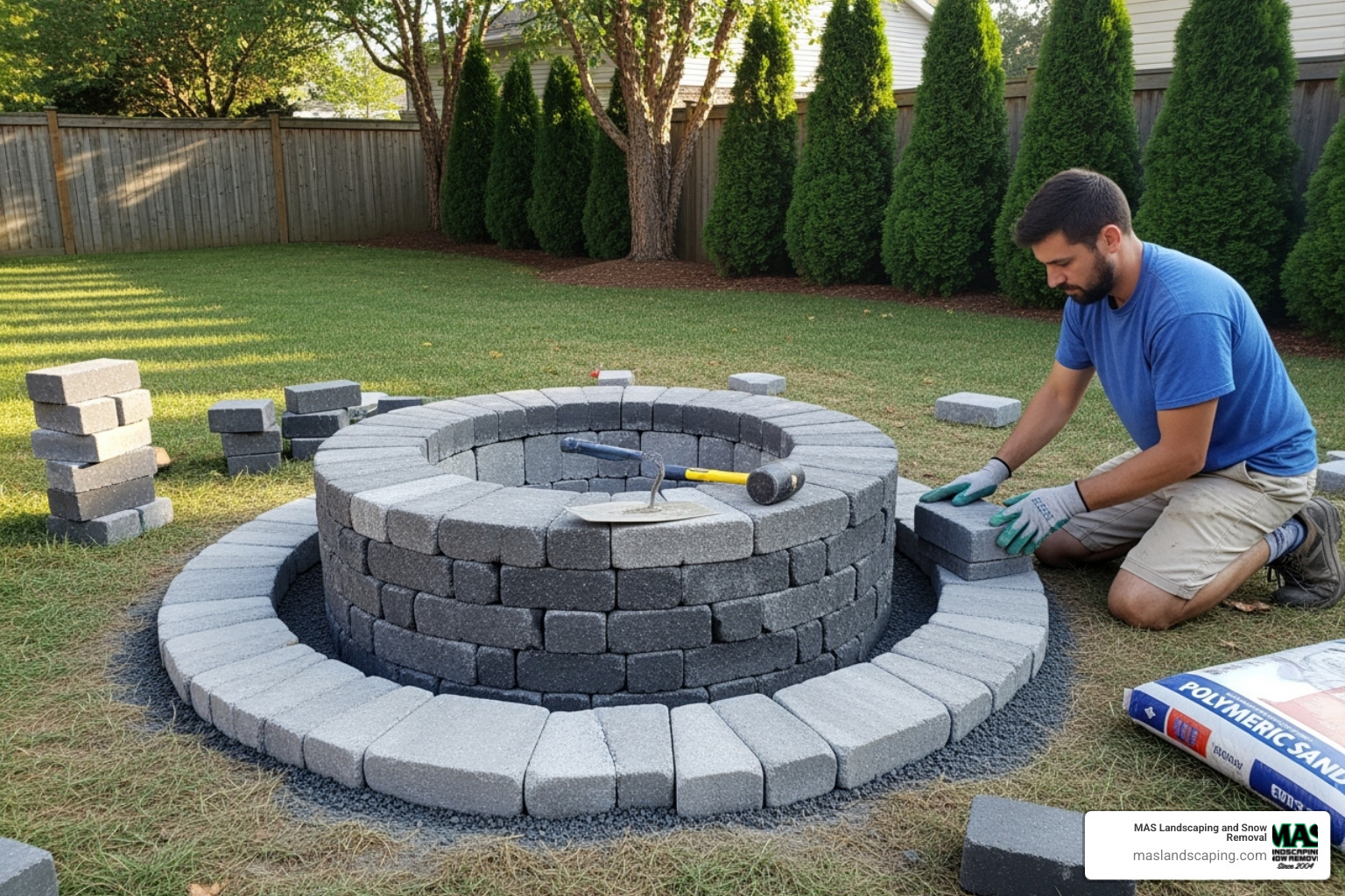 A fire pit structure being built with paver blocks - Gas firepit installation
