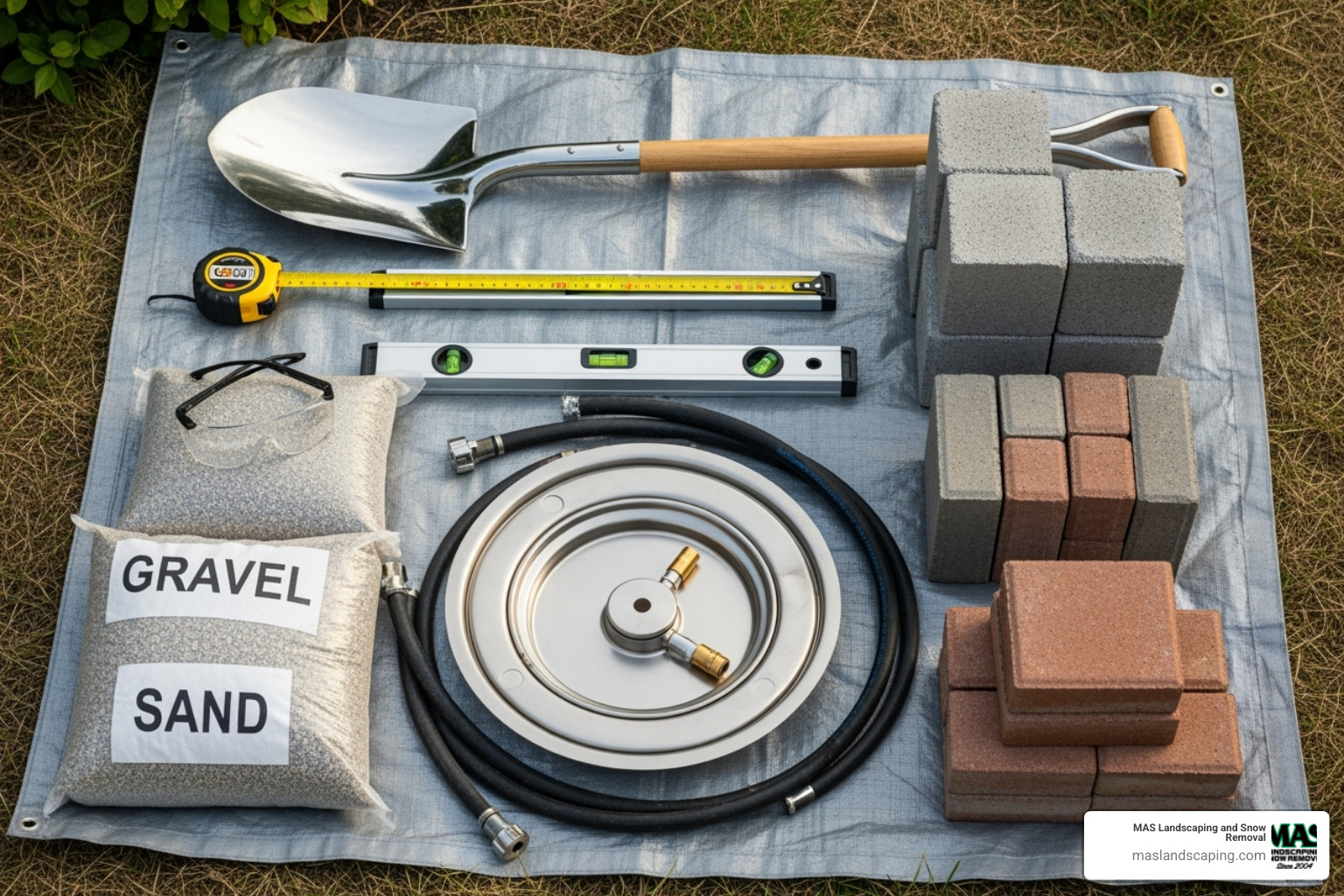 Tools and materials laid out for a gas fire pit project - Gas firepit installation