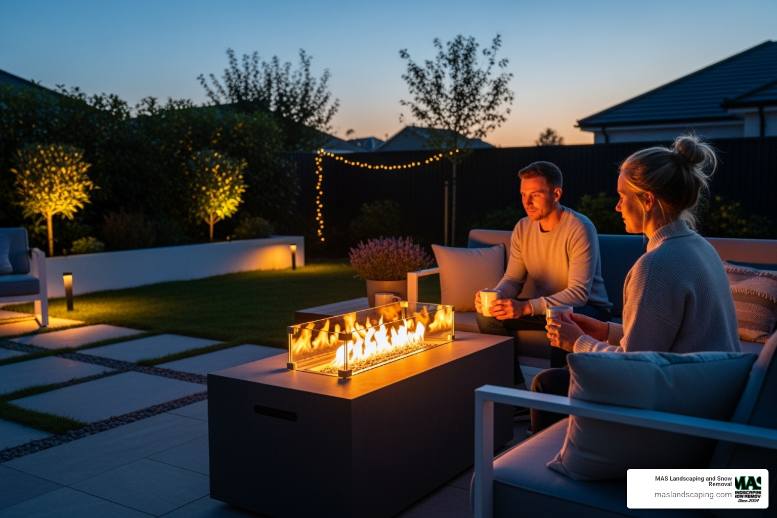 Homeowner enjoying their newly installed gas fire pit - Gas firepit installation