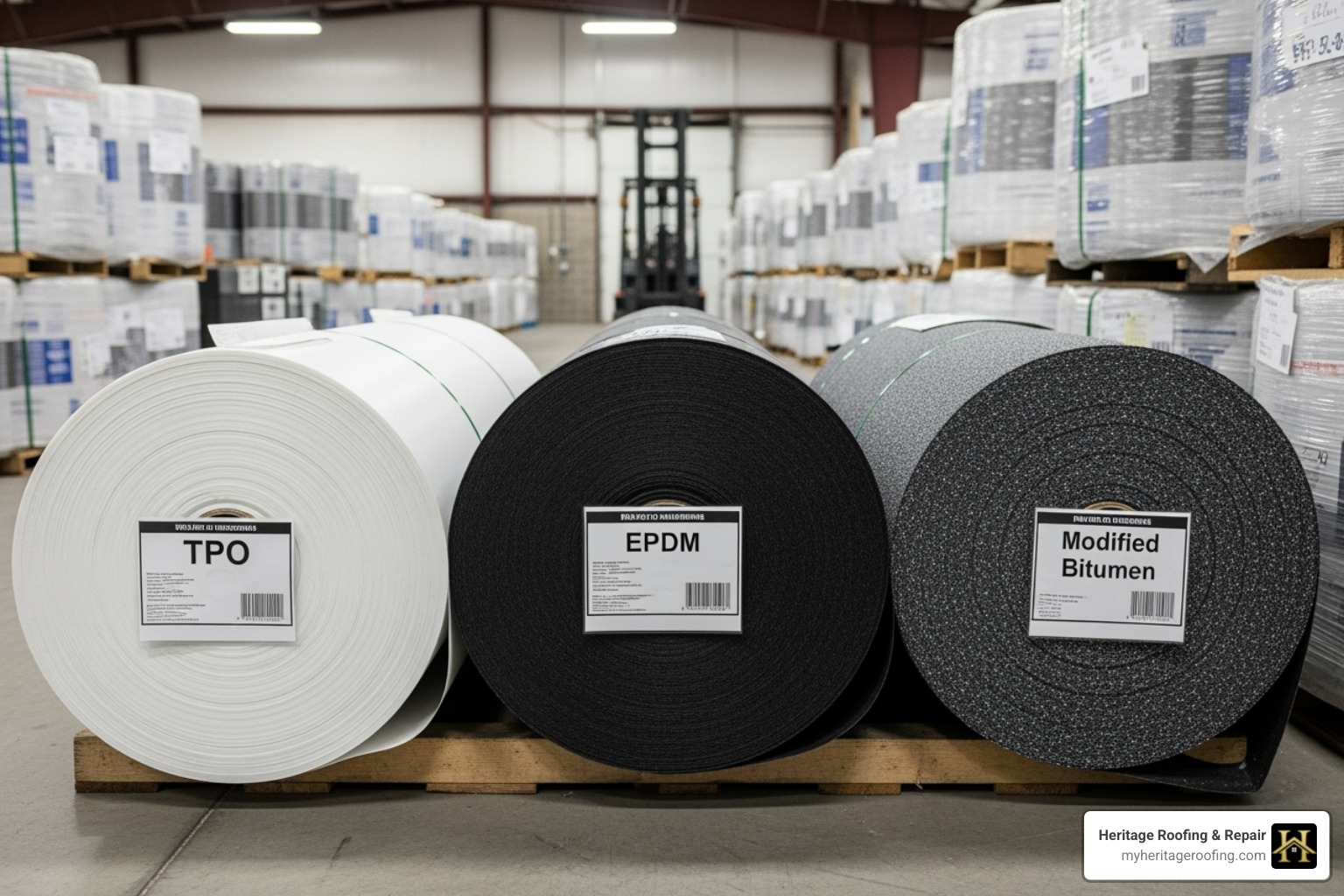 rolls of TPO, EPDM, and Modified Bitumen roofing materials - commercial flat roof installation