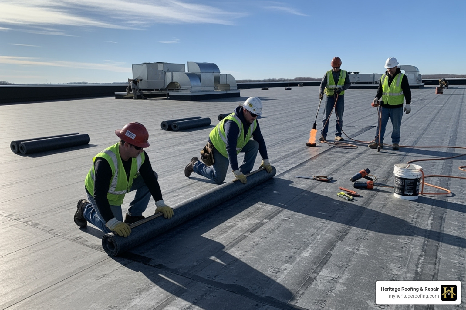 roofing crew working on a large commercial flat roof during the membrane installation stage - commercial flat roof installation