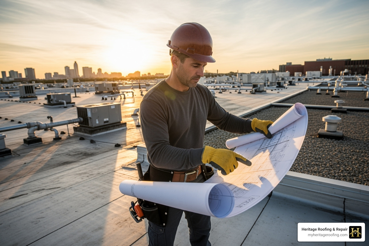 roofing contractor inspecting a commercial roof deck with blueprints - commercial flat roof installation