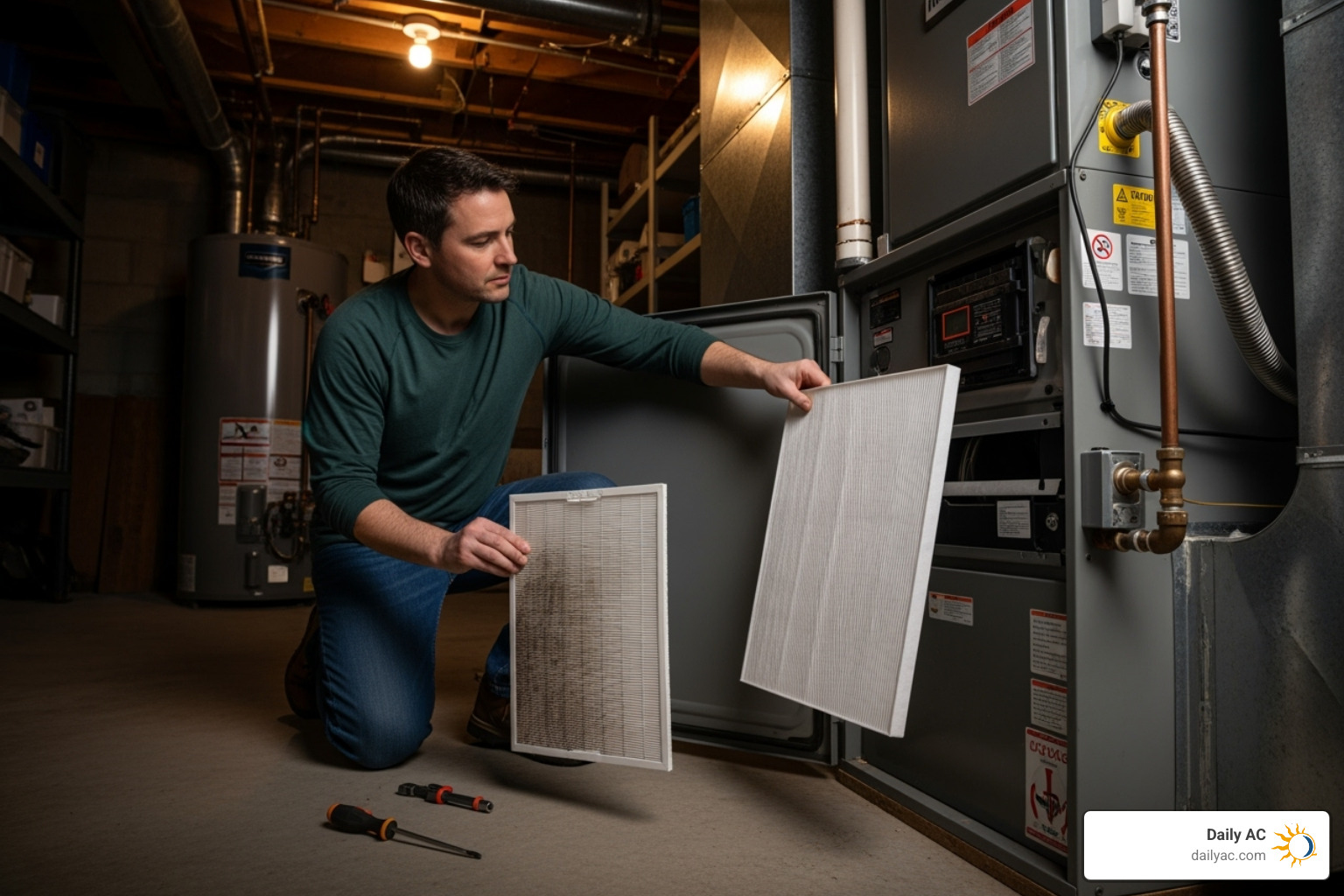 A homeowner changing an air filter - HVAC preventative maintenance