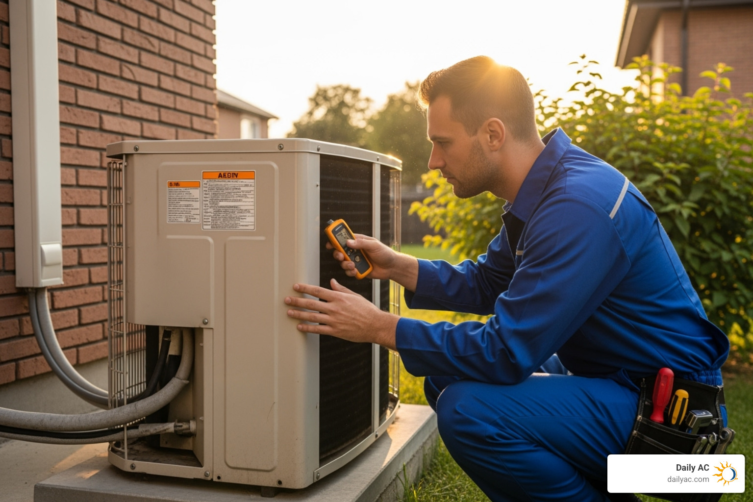 A technician inspecting an outdoor condenser unit - HVAC preventative maintenance