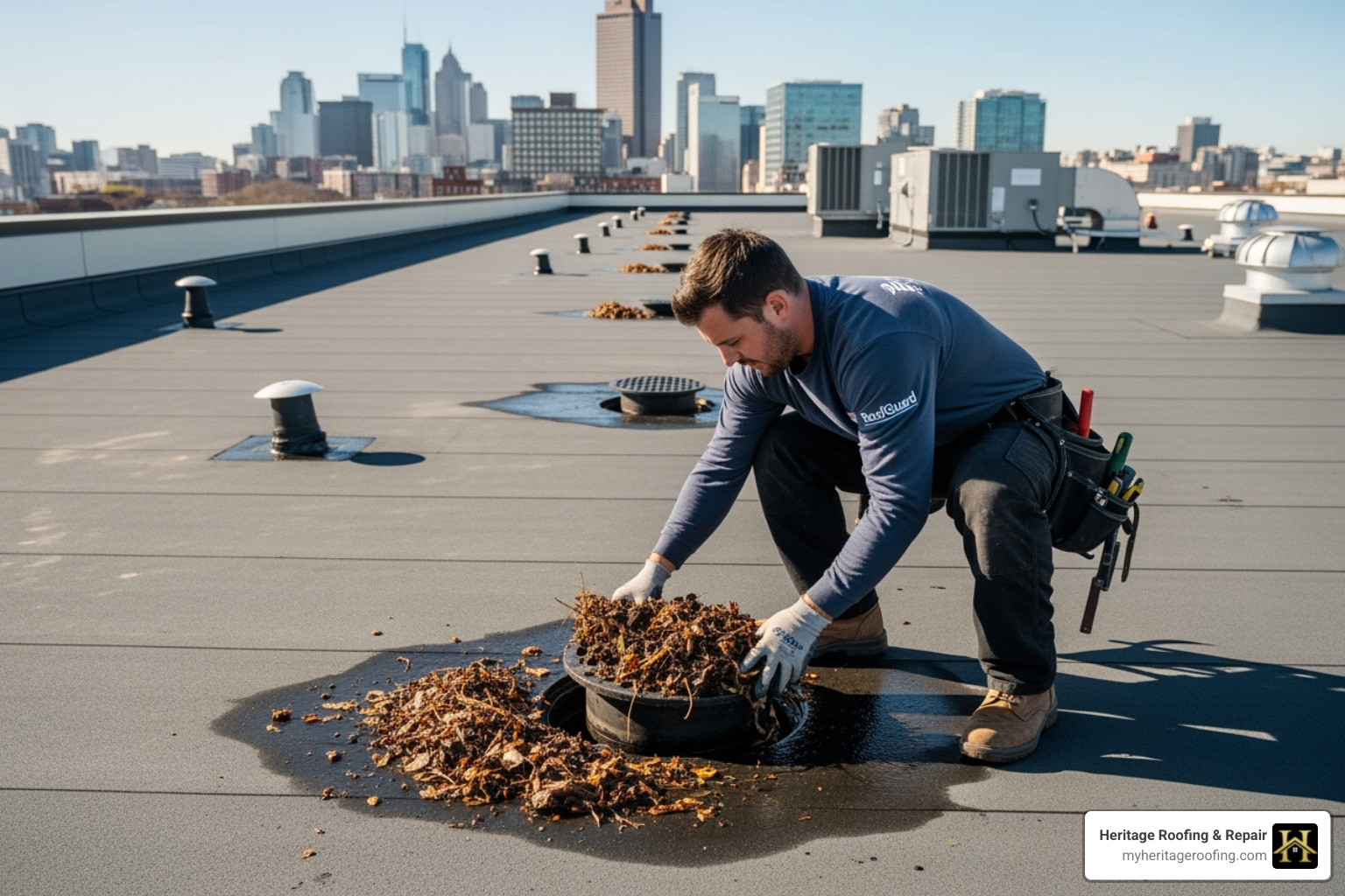roofer performing a routine maintenance check on a flat roof, clearing a drain - commercial flat roof installation
