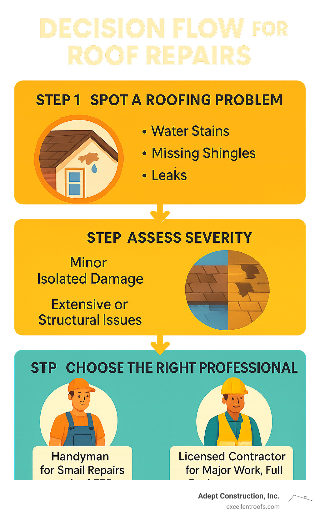 Infographic showing decision flow for roof repairs: Step 1 - Spot a roofing problem (water stains, missing shingles, leaks), Step 2 - Assess severity (minor isolated damage vs extensive or structural issues), Step 3 - Choose the right professional (handyman for small repairs under $500, licensed contractor for major work, full replacements, or complex issues) - handyman roofer near me infographic  Infographic showing decision flow for roof repairs: Step 1 - Spot a roofing problem (water stains, missing shingles, leaks), Step 2 - Assess severity (minor isolated damage vs extensive or structural issues), Step 3 - Choose the right professional (handyman for small repairs under $500, licensed contractor for major work, full replacements, or complex issues) - handyman roofer near me infographic