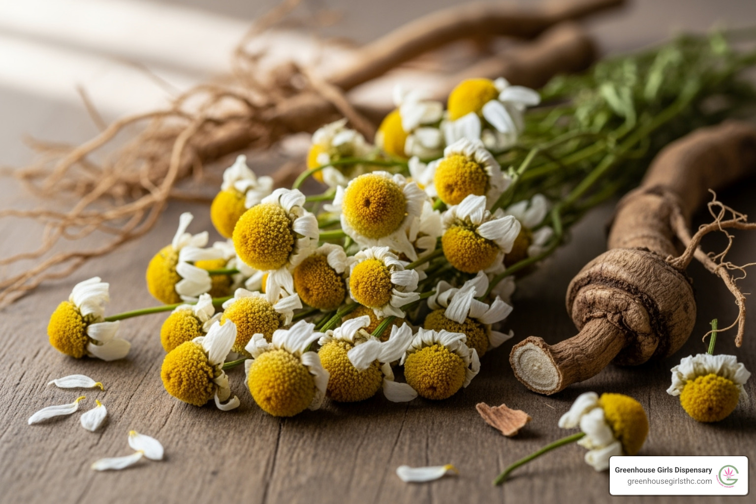 Chamomile flowers and valerian root - safe dog calming treats