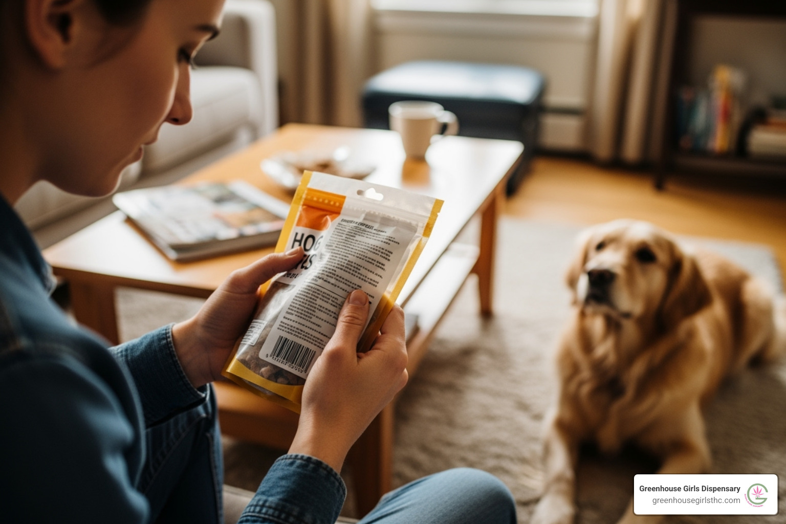 A person reading the back of a dog treat package - safe dog calming treats
