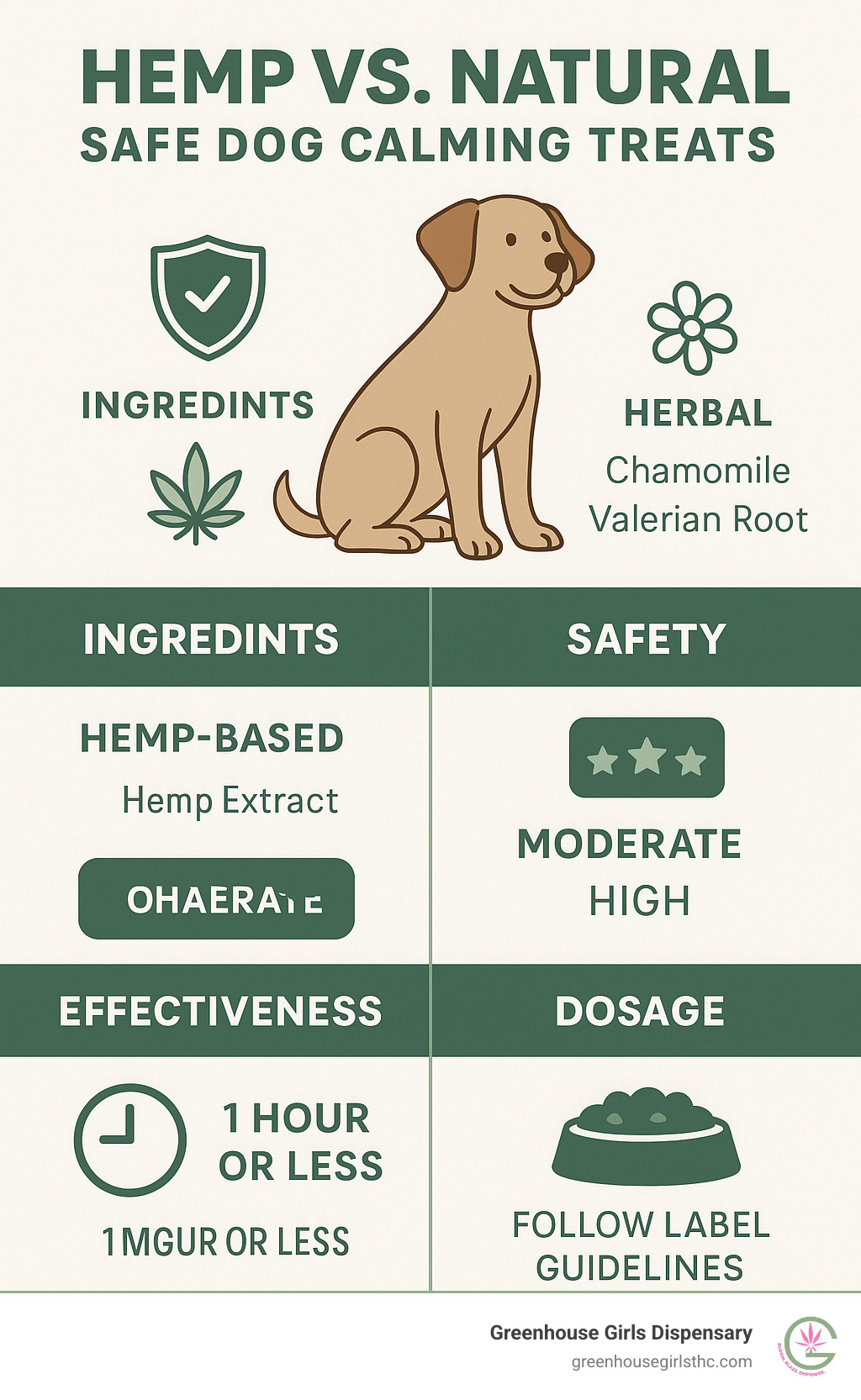 Comprehensive guide showing the difference between hemp-based and herbal calming ingredients for dogs, including safety ratings, effectiveness timelines, and proper dosage guidelines - safe dog calming treats infographic 