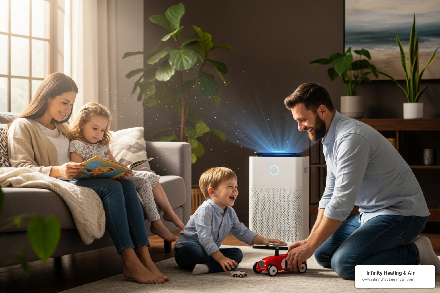 Family enjoying clean air indoors with an air purifier running in the background - Air quality Washington