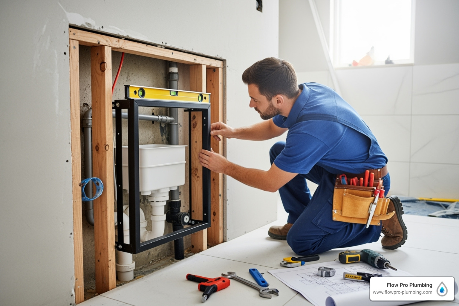 A plumber in uniform installing a concealed cistern frame into a bathroom wall, highlighting the precision required for back-to-wall toilet installation - oakley back to wall toilet A plumber in uniform installing a concealed cistern frame into a bathroom wall, highlighting the precision required for back-to-wall toilet installation - oakley back to wall toilet