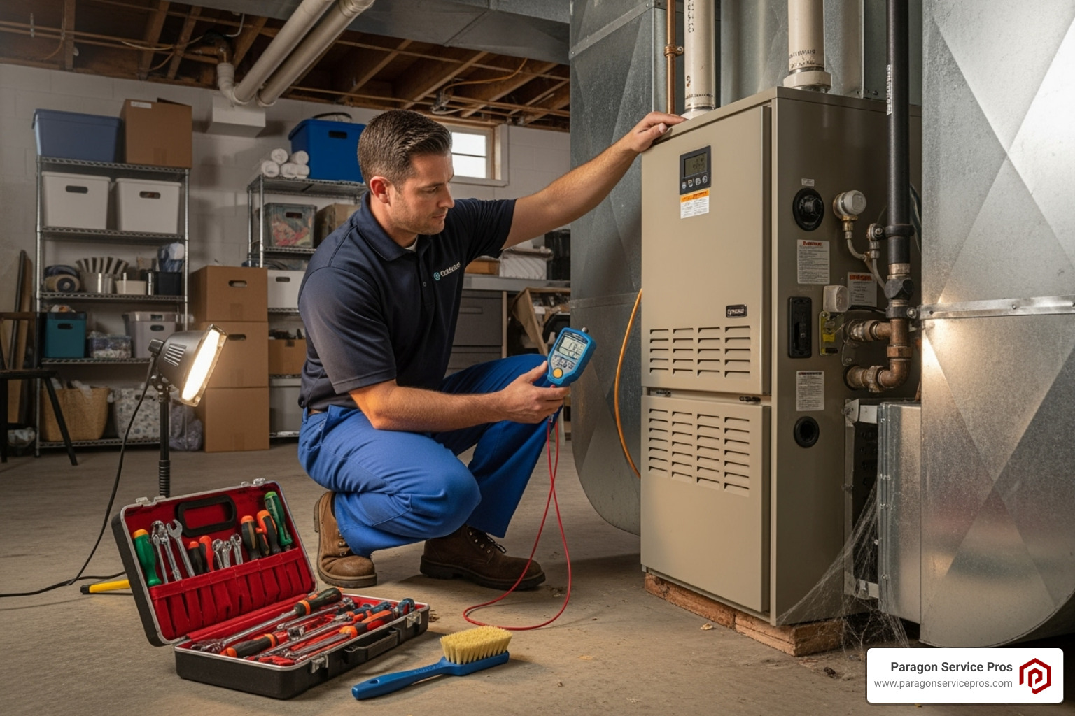 Technician performing a furnace tune-up - Emergency furnace service Technician performing a furnace tune-up - Emergency furnace service
