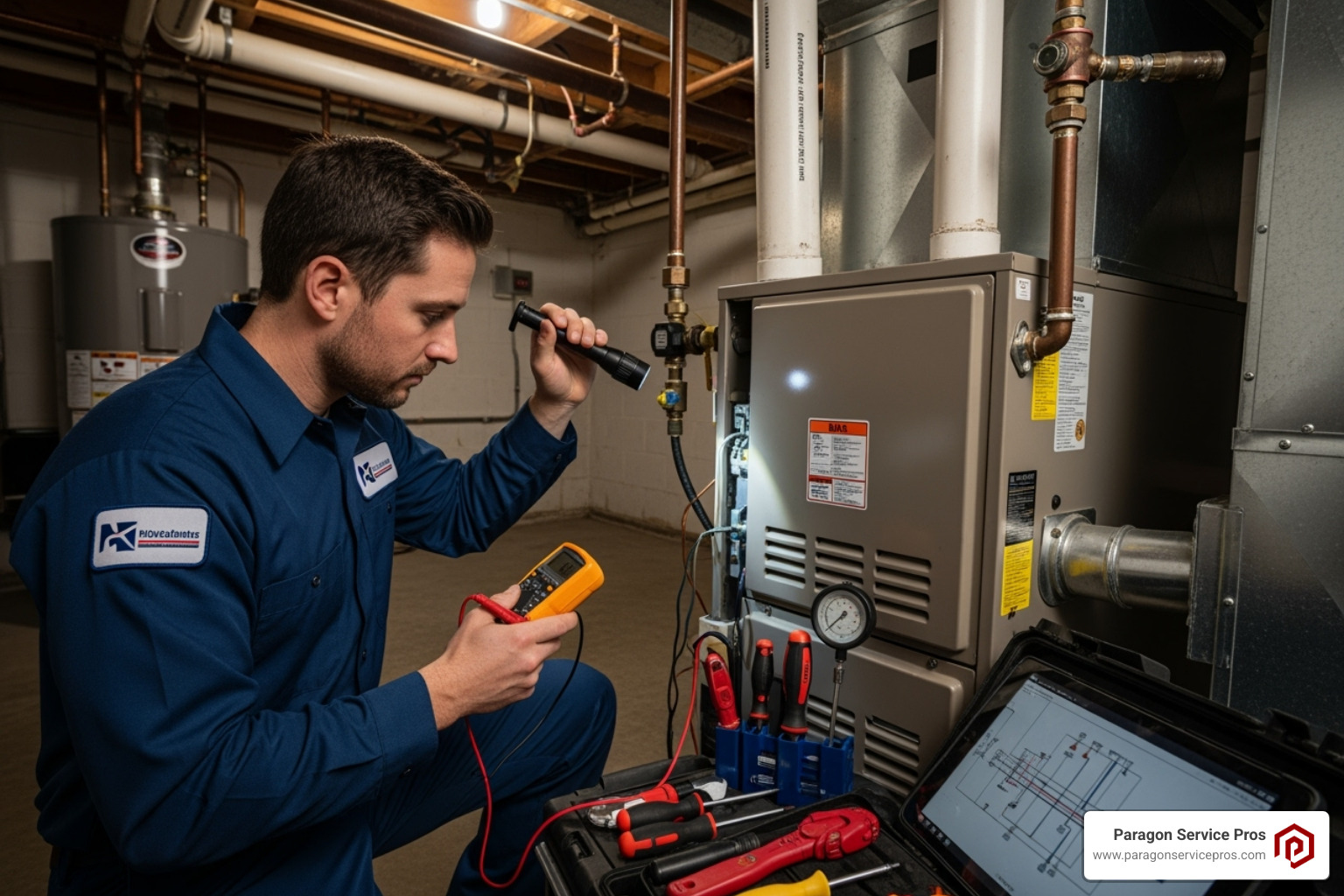 Professional technician diagnosing a furnace issue - Emergency furnace service Professional technician diagnosing a furnace issue - Emergency furnace service
