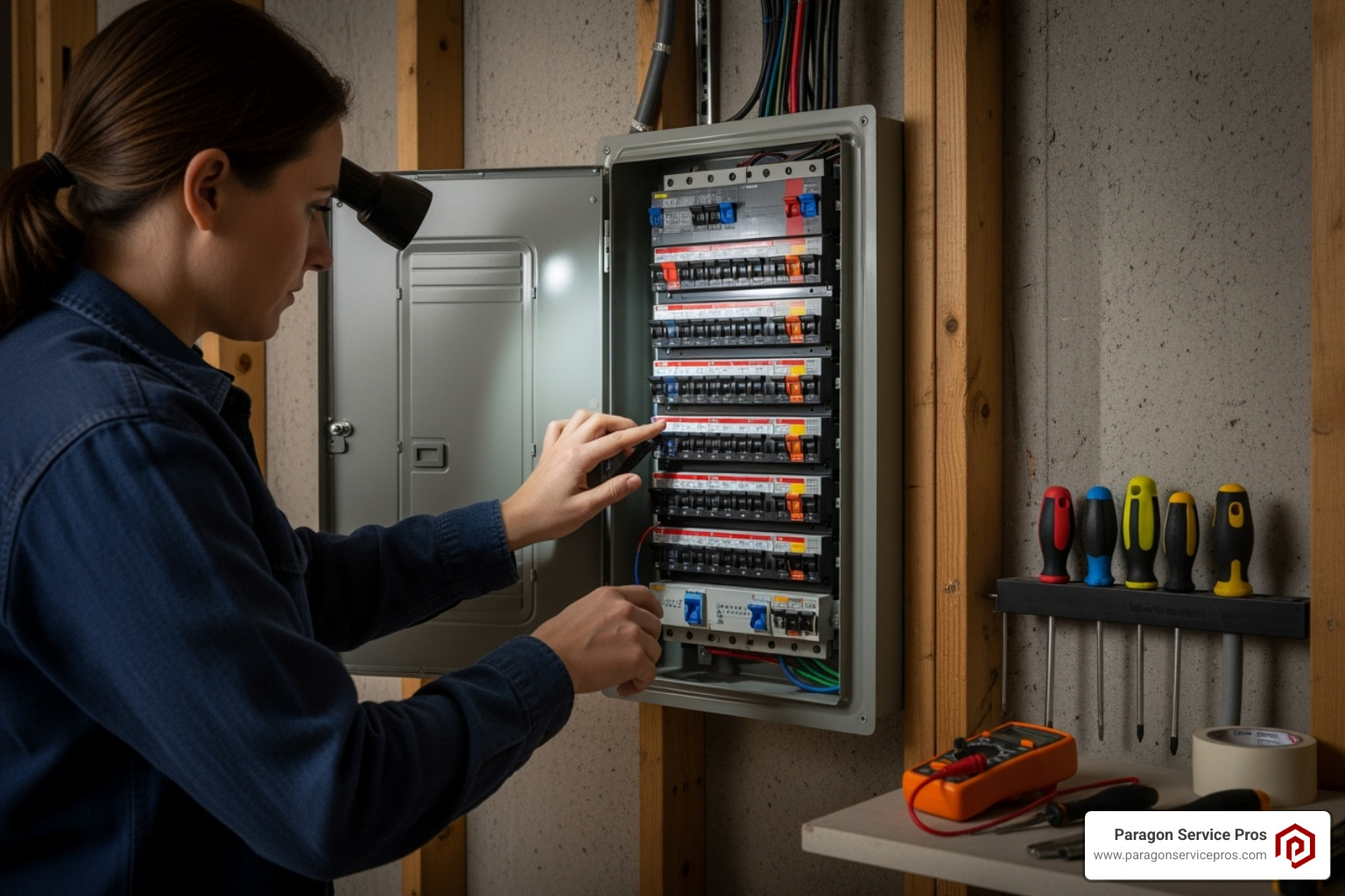 Homeowner checking a circuit breaker panel - Emergency furnace service Homeowner checking a circuit breaker panel - Emergency furnace service
