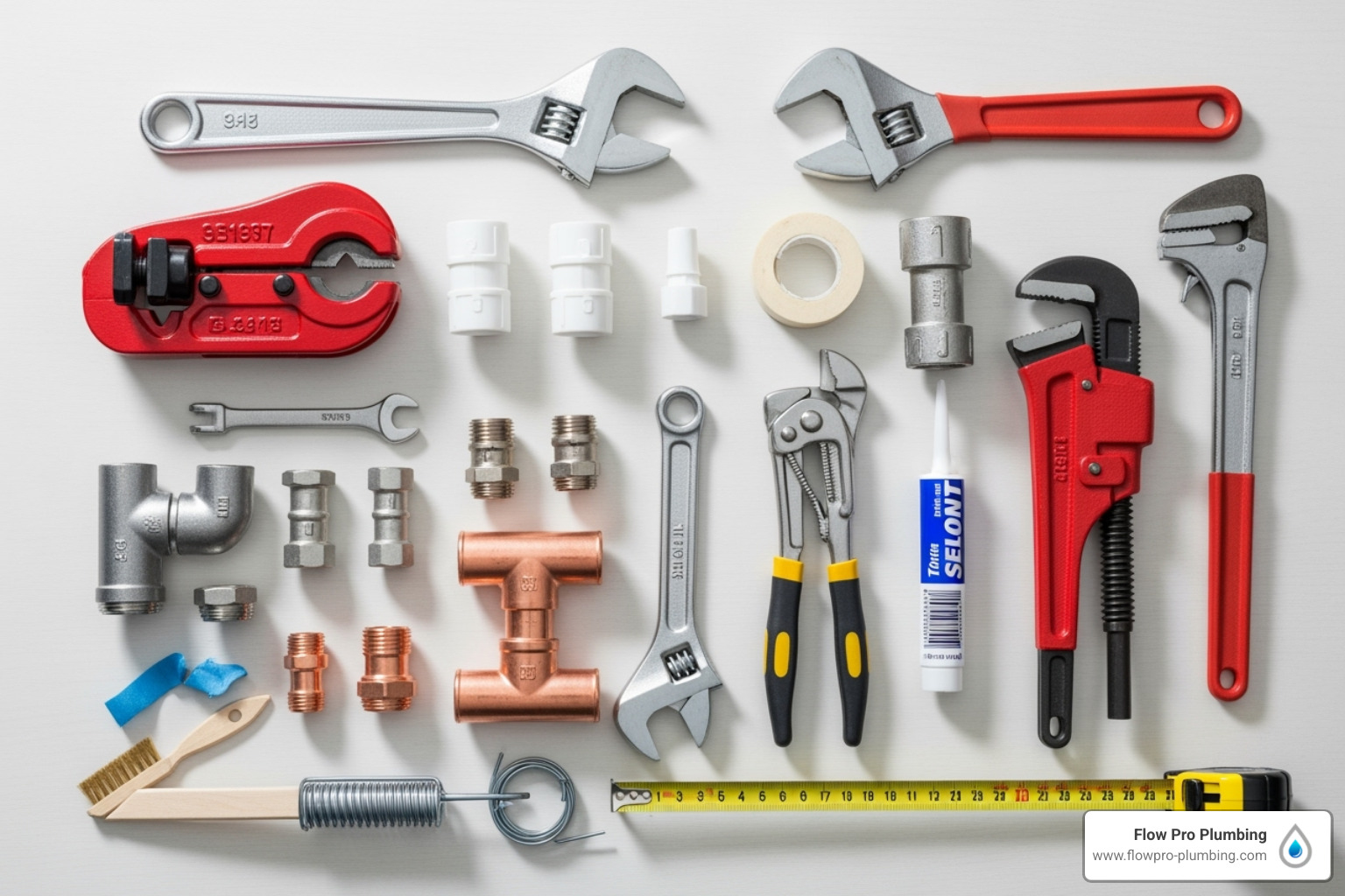 tools laid out for a pipe repair, including a pipe cutter and fittings - burst pipe repair tools laid out for a pipe repair, including a pipe cutter and fittings - burst pipe repair
