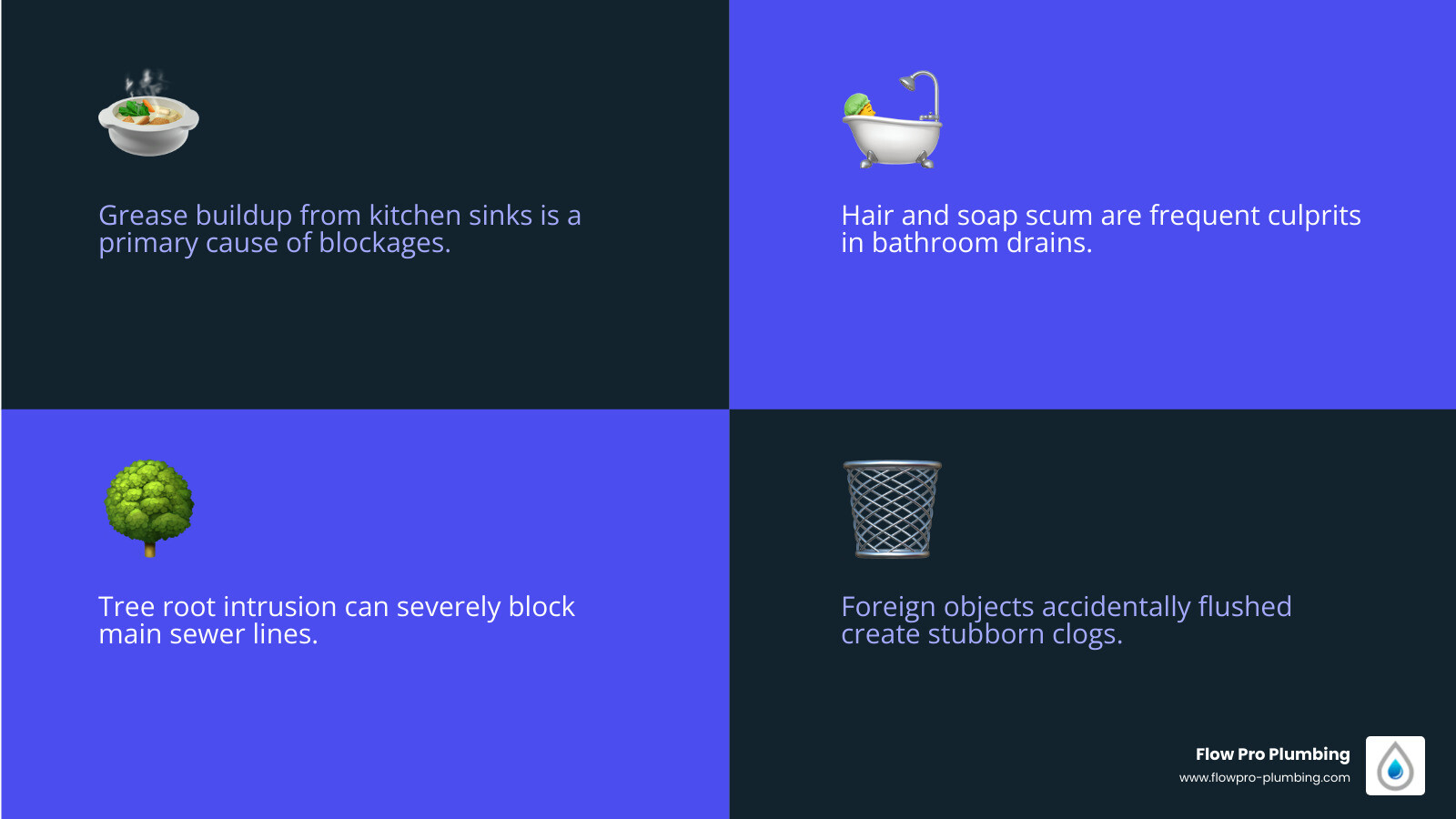 Infographic showing common drain blockage causes including grease buildup from kitchen sinks, hair and soap scum from bathroom drains, tree root intrusion in sewer lines, food waste particles, mineral deposits from hard water, and foreign objects accidentally flushed down toilets - hydro jetting Oakley infographic 4_facts_emoji_blue Infographic showing common drain blockage causes including grease buildup from kitchen sinks, hair and soap scum from bathroom drains, tree root intrusion in sewer lines, food waste particles, mineral deposits from hard water, and foreign objects accidentally flushed down toilets - hydro jetting Oakley infographic 4_facts_emoji_blue