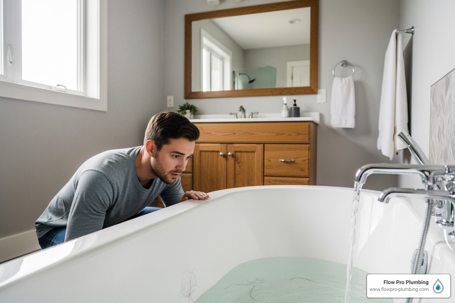 homeowner looking concerned at a slow-draining tub - hydro jetting Oakley homeowner looking concerned at a slow-draining tub - hydro jetting Oakley