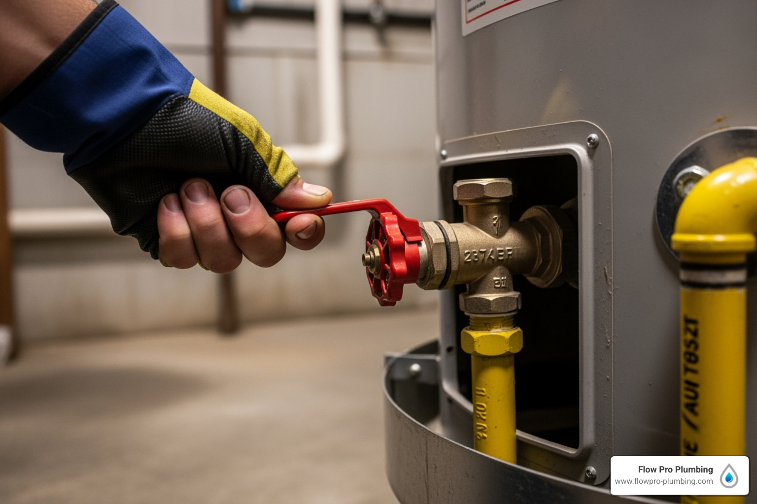 a hand turning a water heater's gas shut-off valve - water heater repair brentwood a hand turning a water heater's gas shut-off valve - water heater repair brentwood