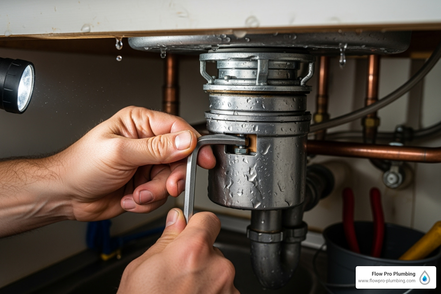 a plumber's hands using an Allen wrench on the bottom of a garbage disposal - garbage disposals Antioch a plumber's hands using an Allen wrench on the bottom of a garbage disposal - garbage disposals Antioch