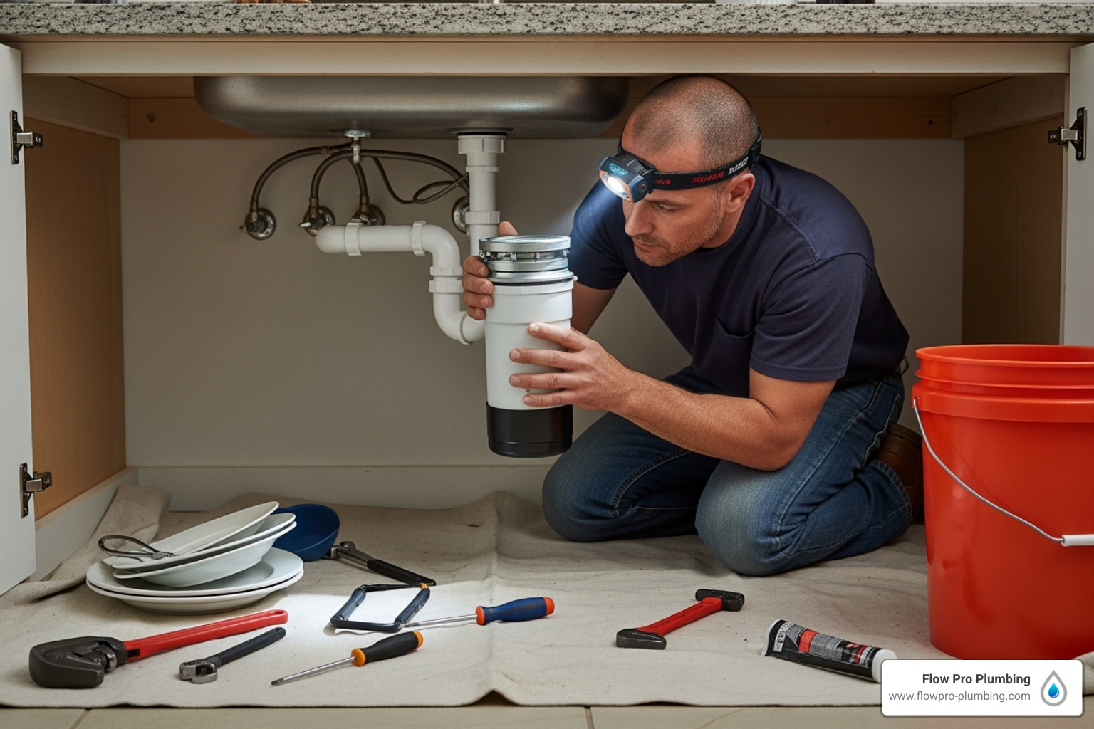 a plumber carefully fitting a new garbage disposal under a kitchen sink - garbage disposals Antioch a plumber carefully fitting a new garbage disposal under a kitchen sink - garbage disposals Antioch