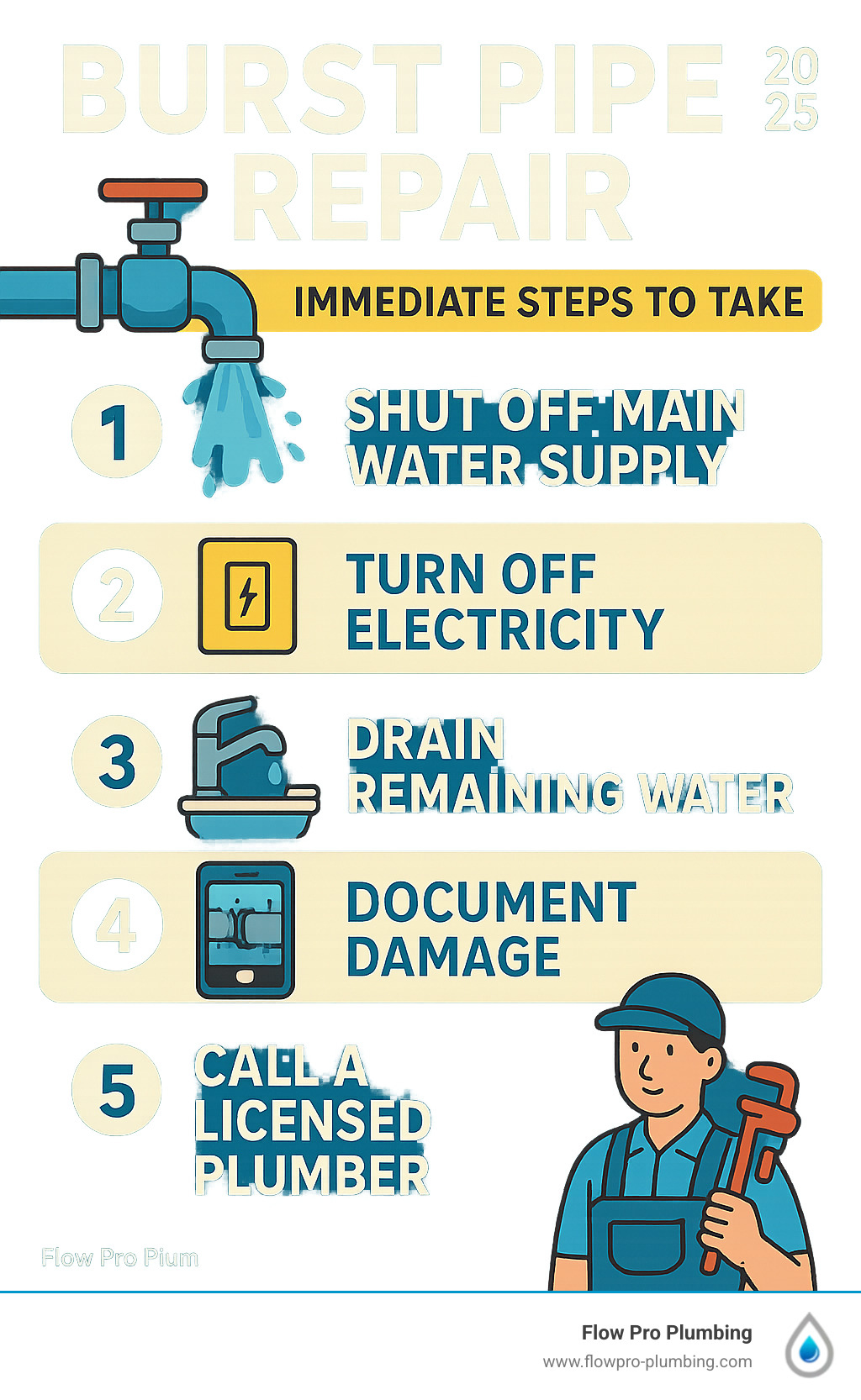 Infographic showing the 5 immediate steps to take when a pipe bursts: 1. Shut off main water supply at the valve near your water meter, 2. Turn off electricity to affected areas for safety, 3. Open faucets and flush toilets to drain remaining water, 4. Take photos and videos of all damage for insurance, 5. Call a licensed plumber for permanent repair - burst pipe repair infographic Infographic showing the 5 immediate steps to take when a pipe bursts: 1. Shut off main water supply at the valve near your water meter, 2. Turn off electricity to affected areas for safety, 3. Open faucets and flush toilets to drain remaining water, 4. Take photos and videos of all damage for insurance, 5. Call a licensed plumber for permanent repair - burst pipe repair infographic